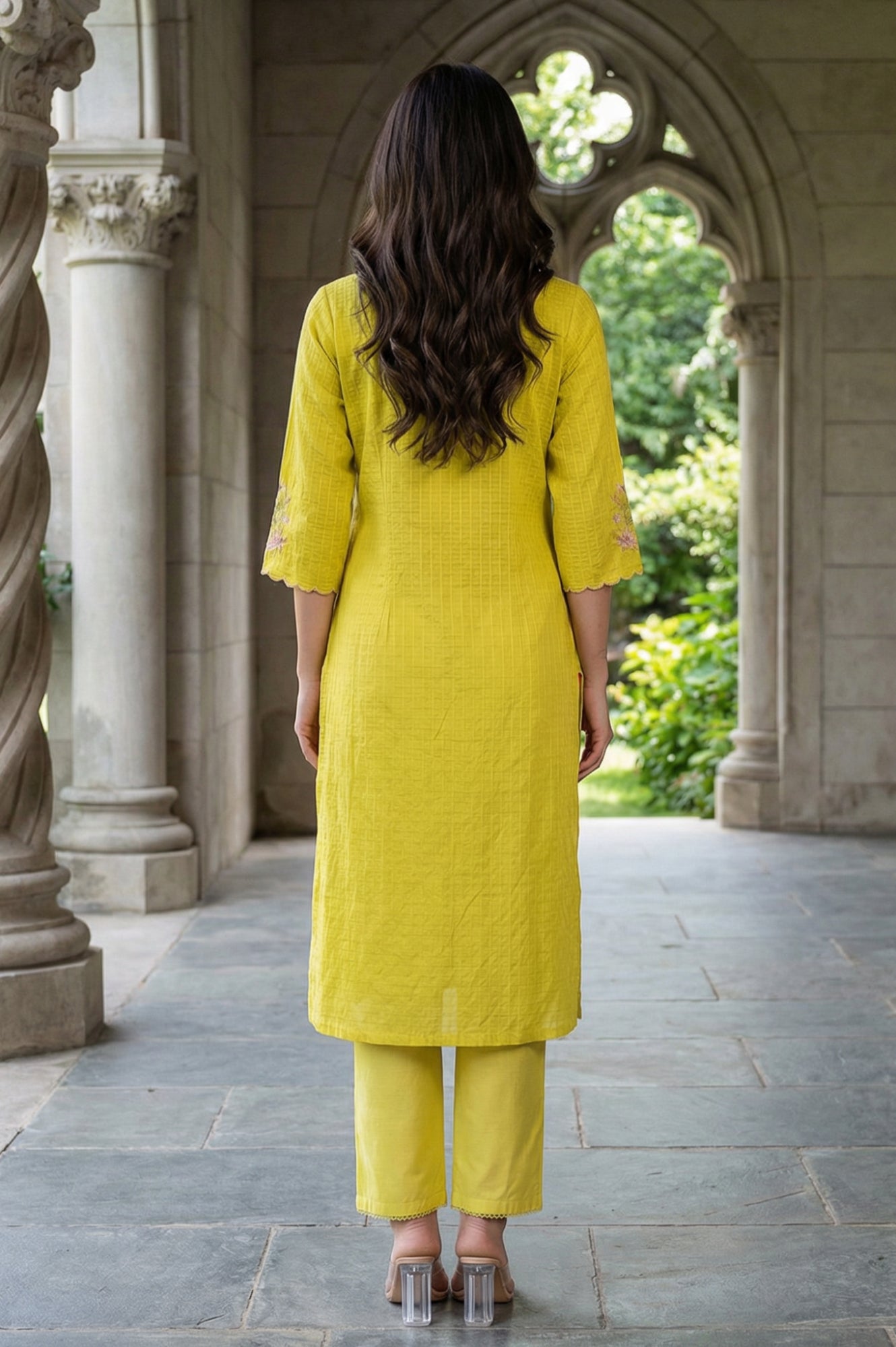 Yellow Textured Pure Cotton Straight Kurta with Embroidery on Sleeves