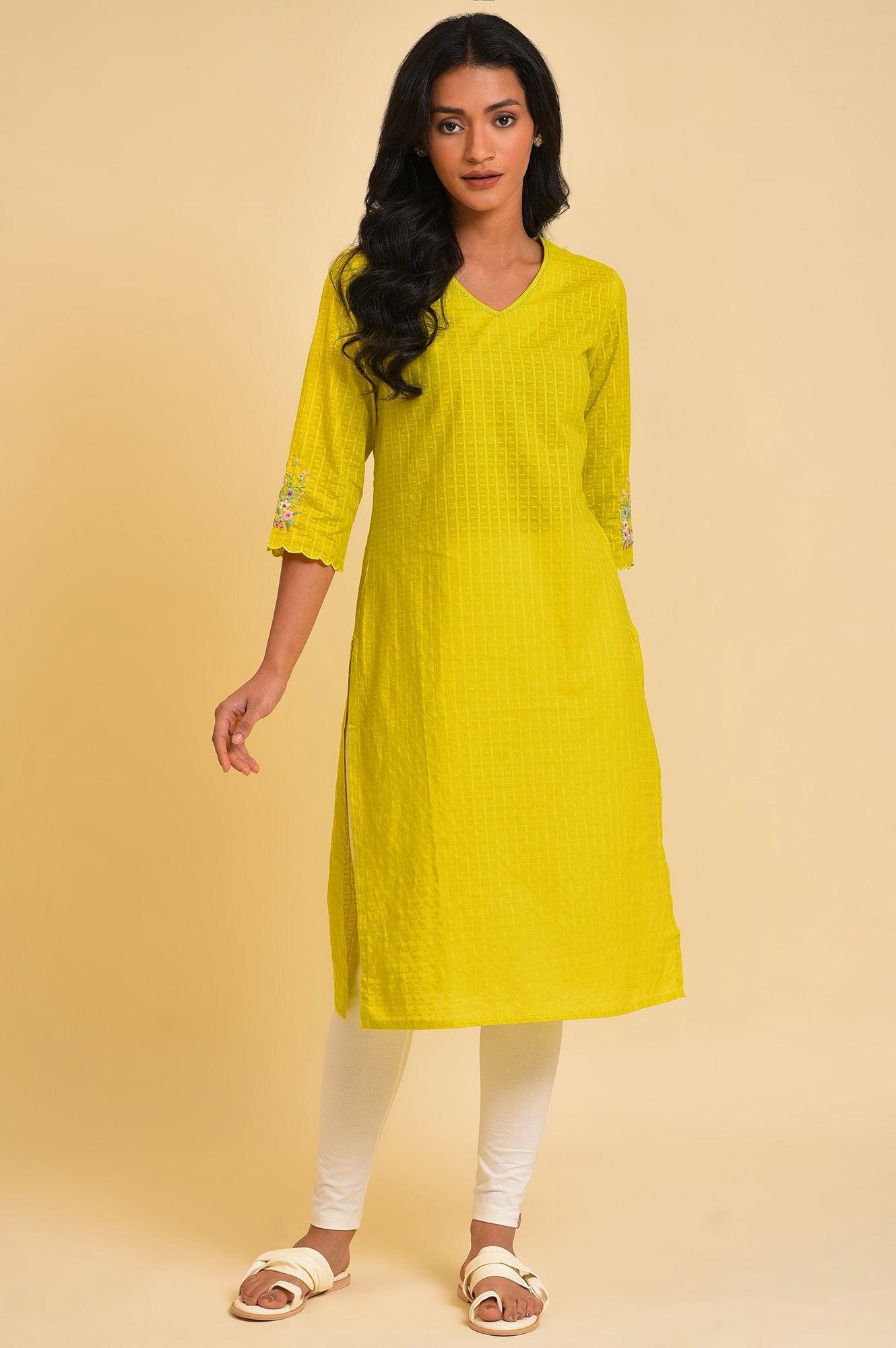 Yellow Textured Dobby kurta - wforwoman