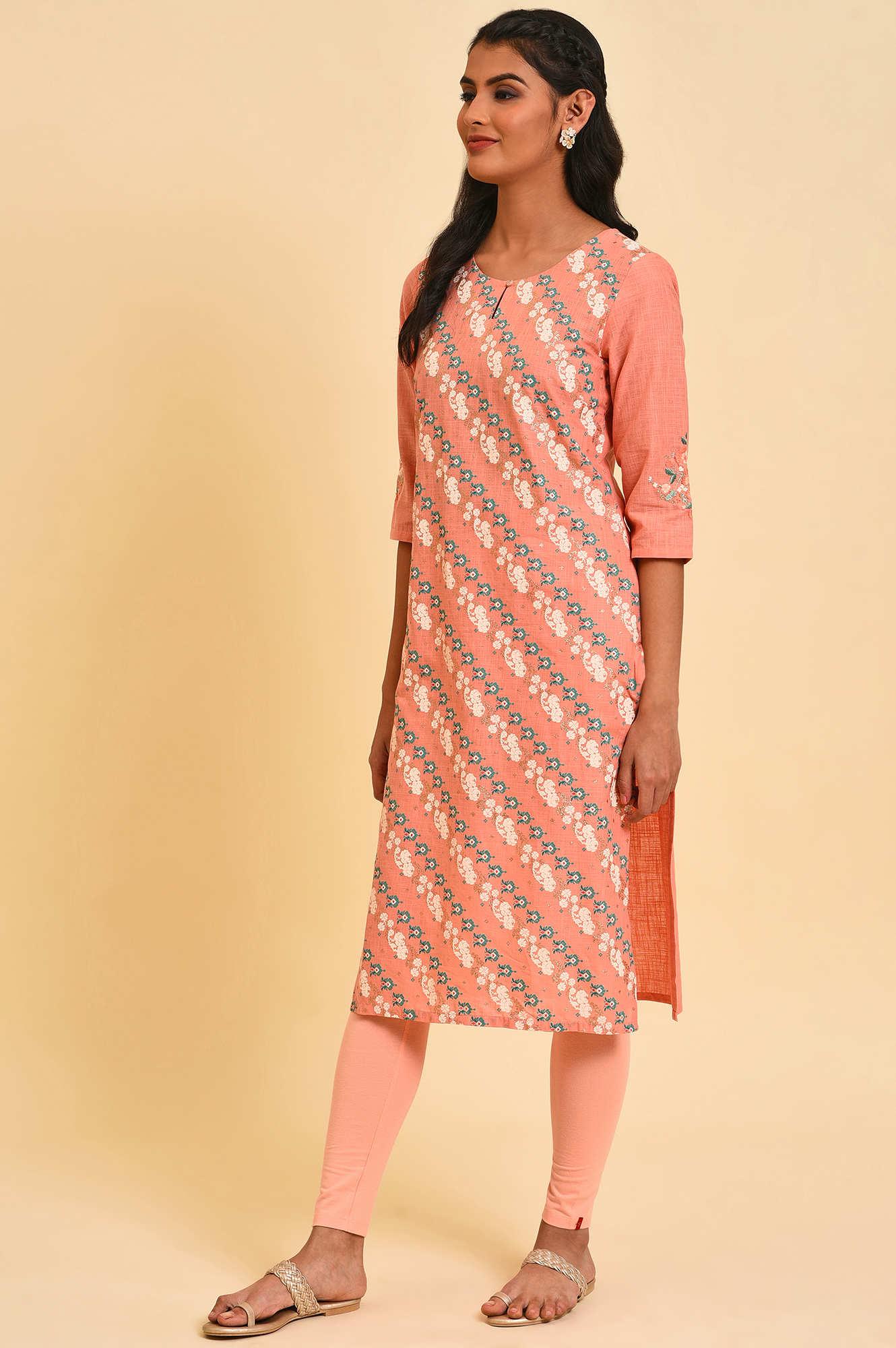 Peach Glitter Printed Straight kurta - wforwoman