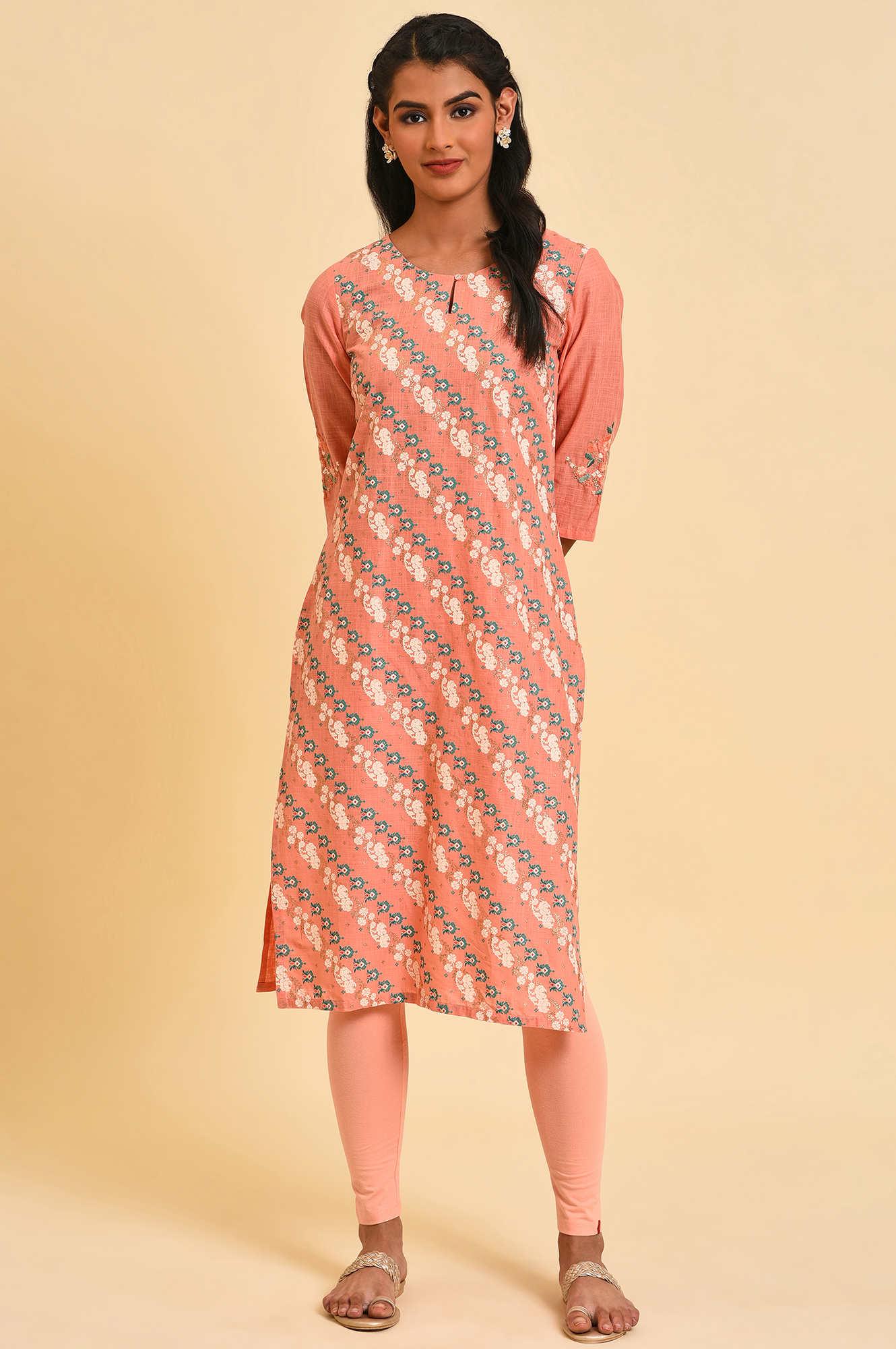 Peach Glitter Printed Plus Size Straight kurta - wforwoman