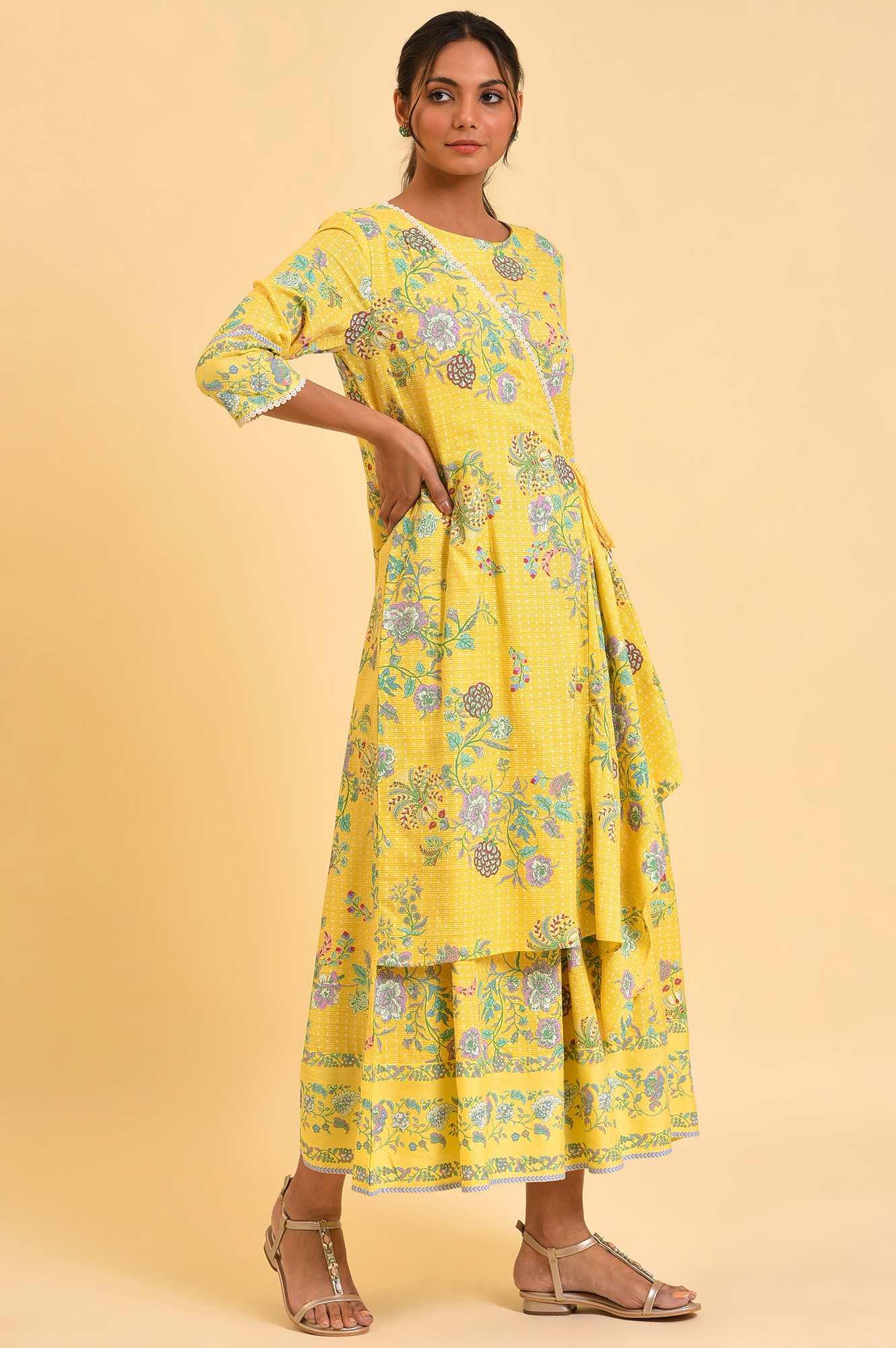 Yellow Printed Angrakha Jumpsuit - wforwoman