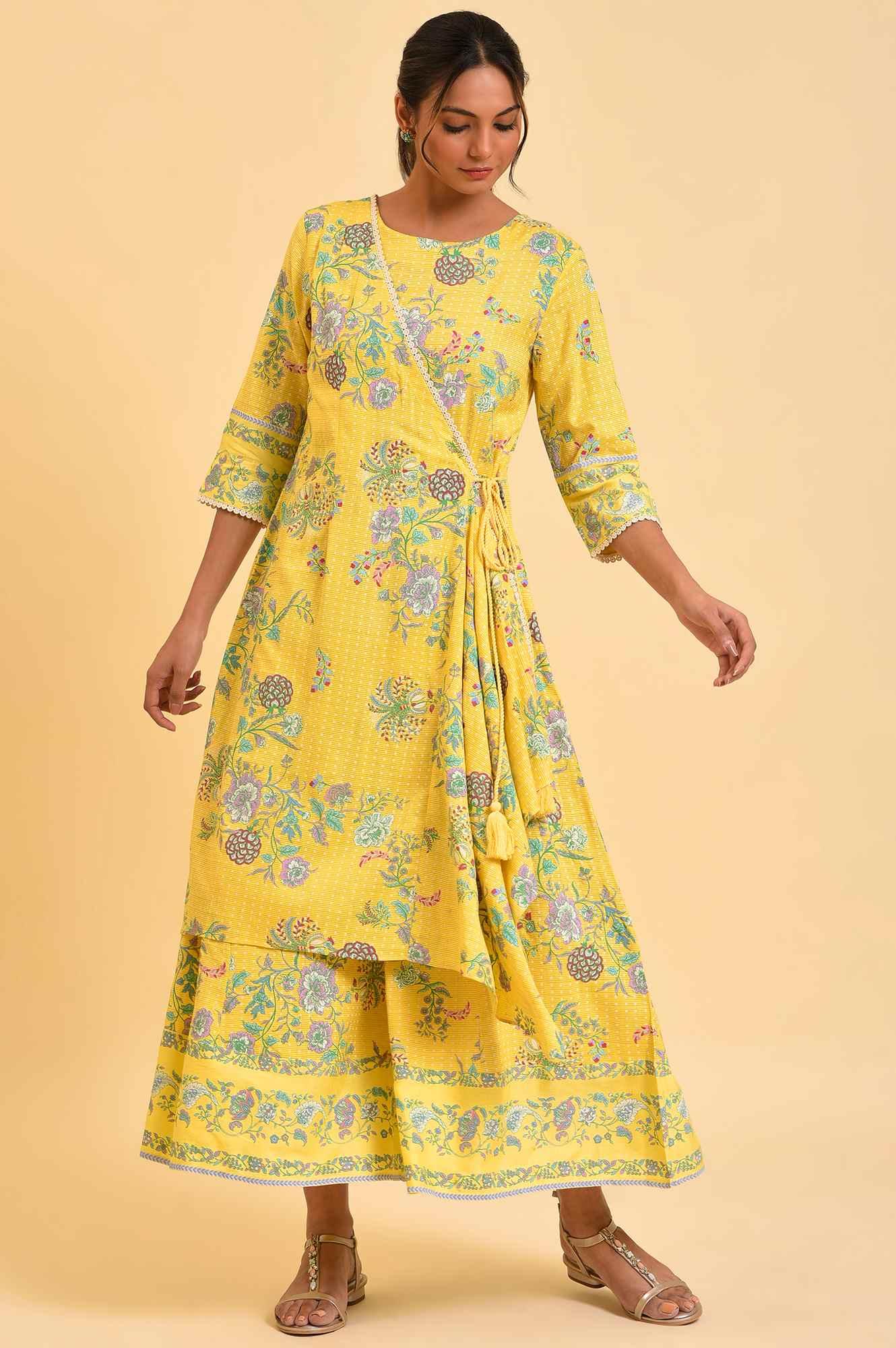 Yellow Printed Angrakha Jumpsuit - wforwoman