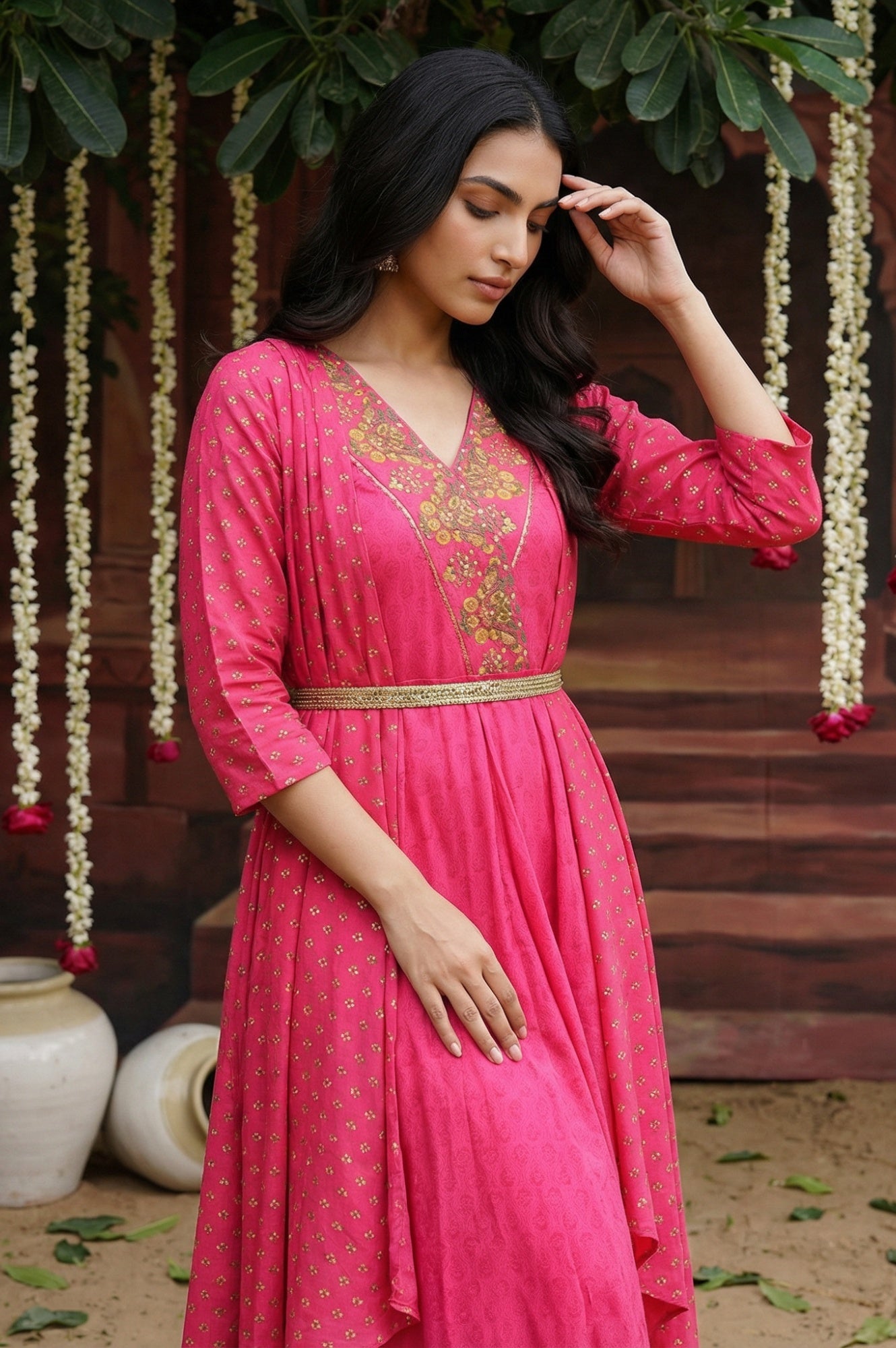 Pink Printed Draped Jumpsuit With Embroidered Belt