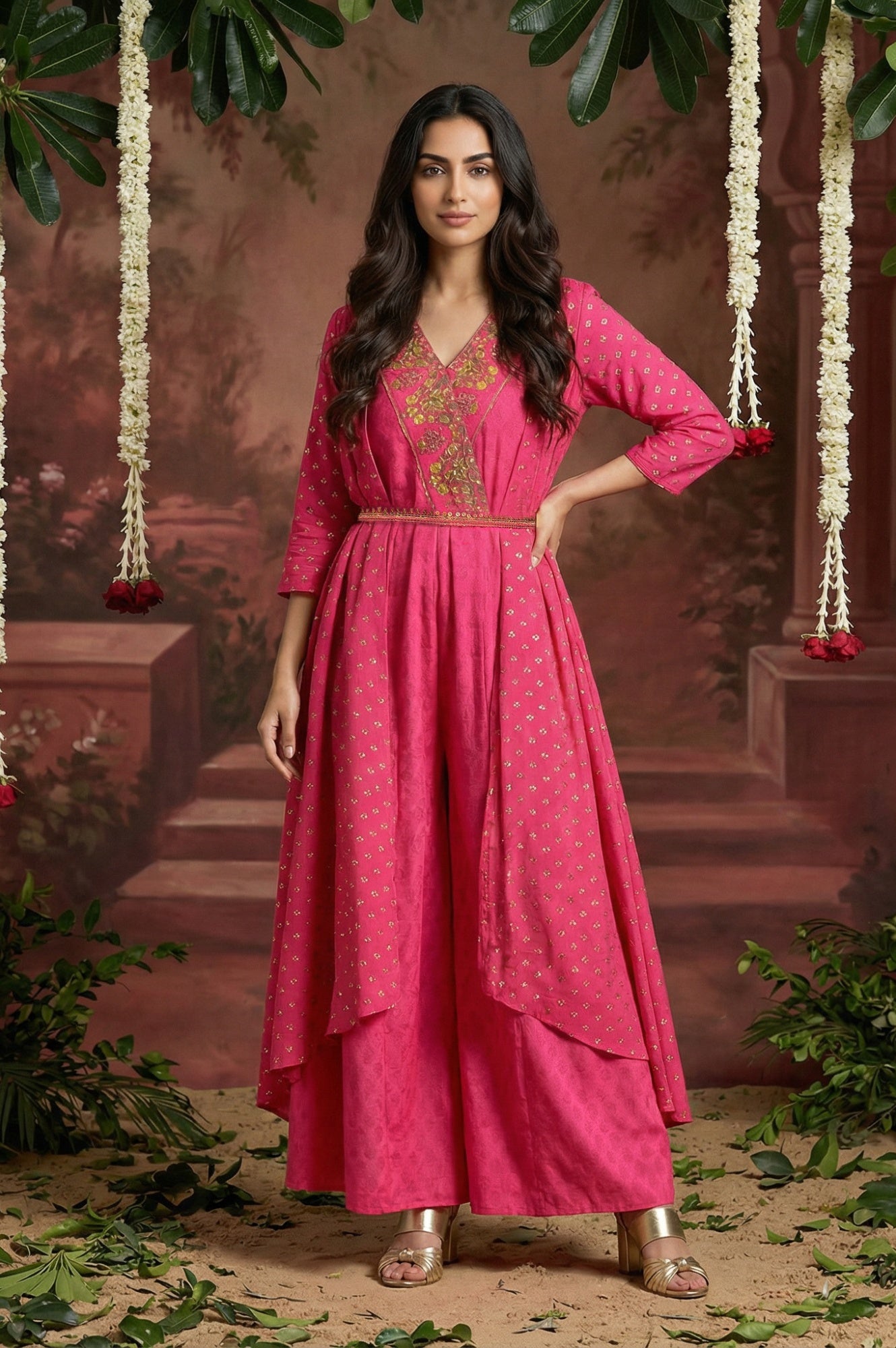 Pink Printed Draped Jumpsuit With Embroidered Belt