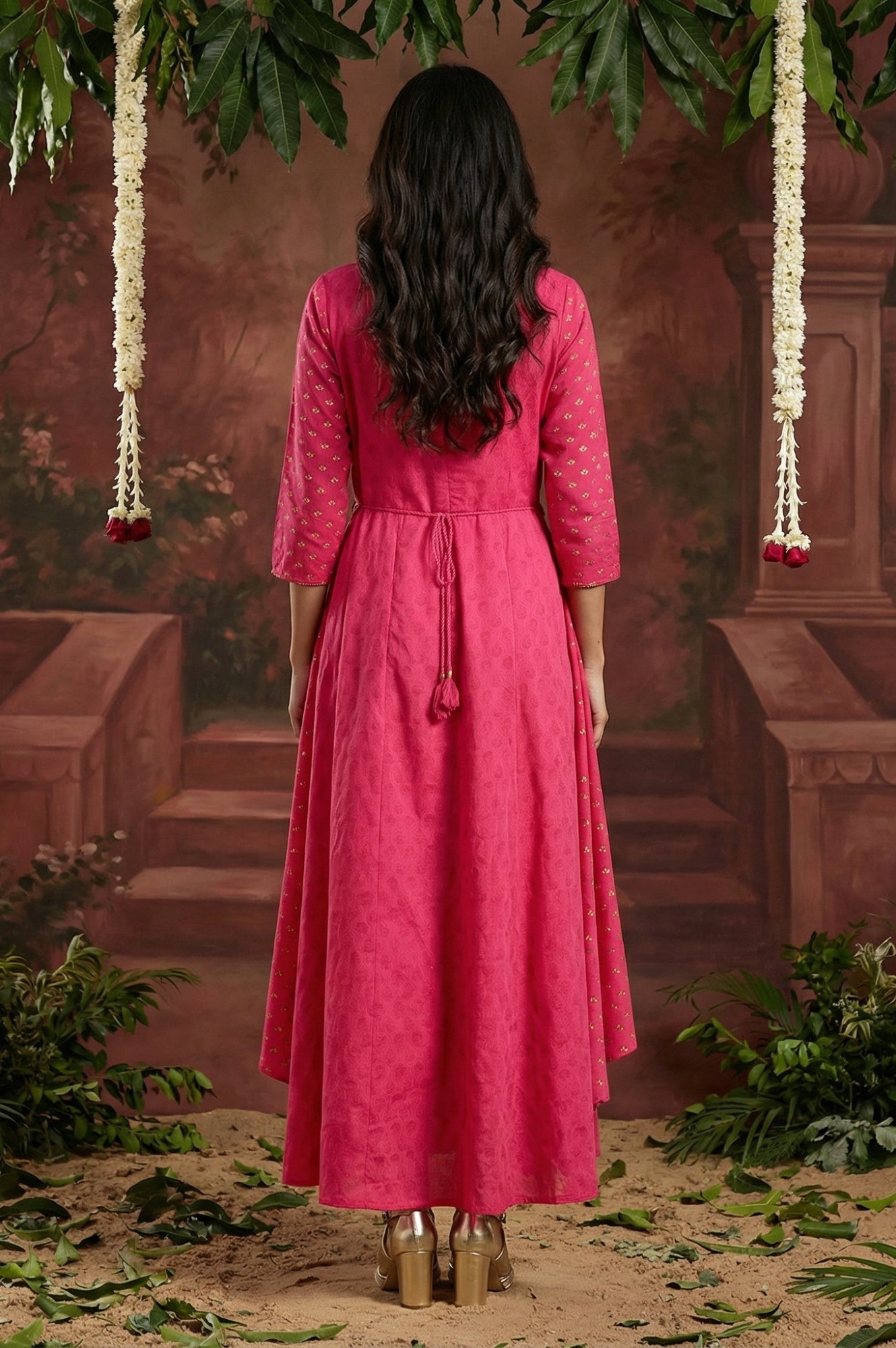 Pink Printed Draped Jumpsuit With Embroidered Belt