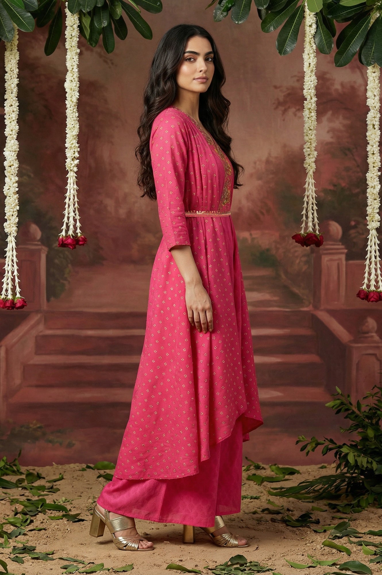 Pink Printed Draped Jumpsuit With Embroidered Belt