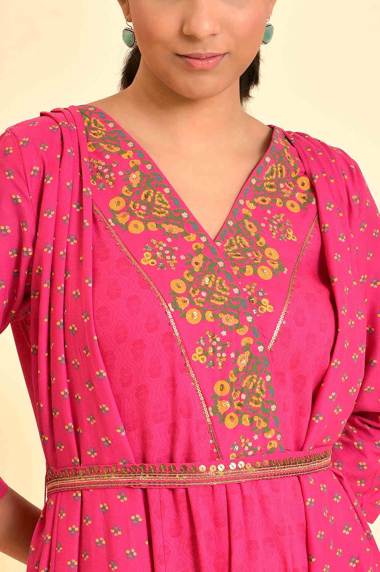 Pink Printed Draped Jumpsuit With Embroidered Belt - wforwoman