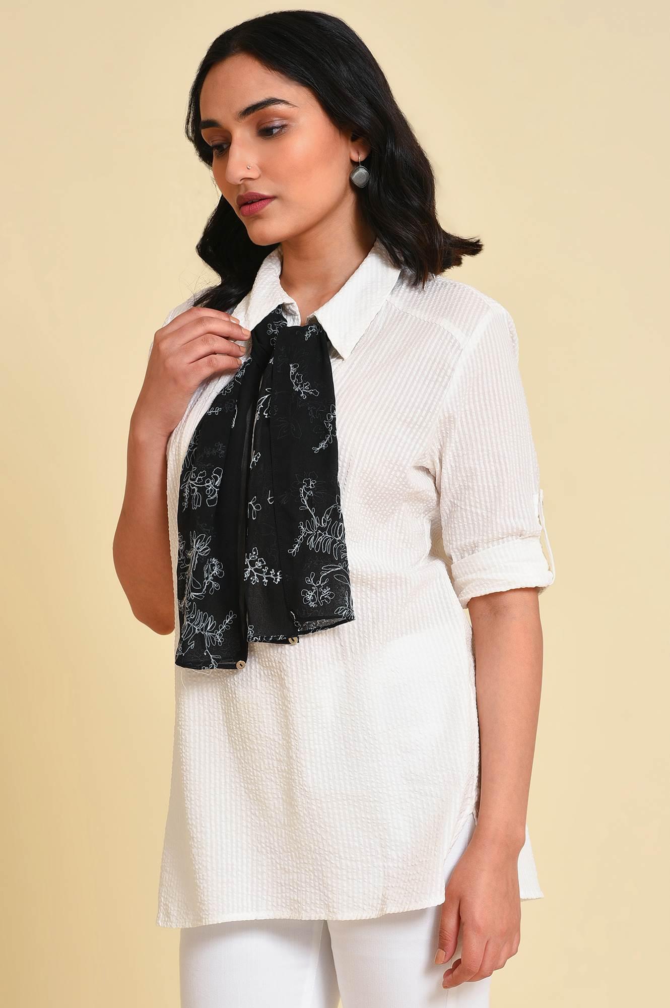 White Seer Sucket Top With Detachable Scarf - wforwoman
