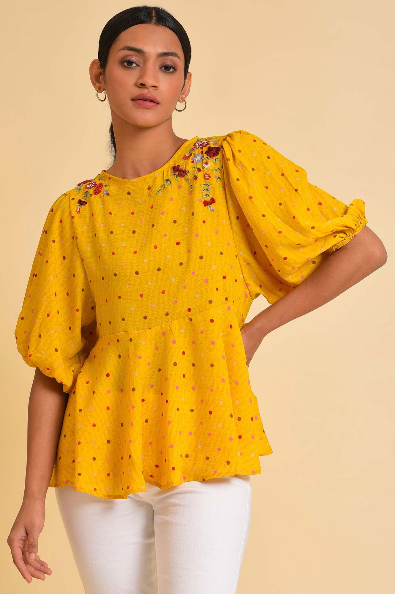 Buy Yellow Embroidered Peplum Top Online for Woman | WforWoman