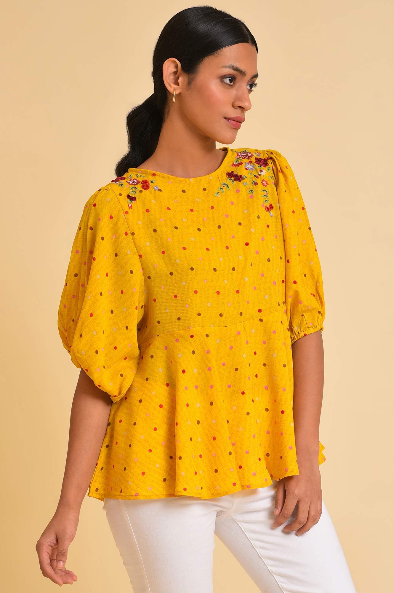 Yellow Embroidered Peplum Top - wforwoman