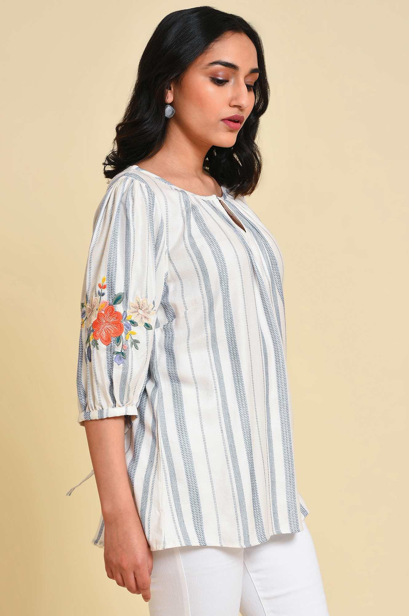 White And Blue Embroidered Top - wforwoman