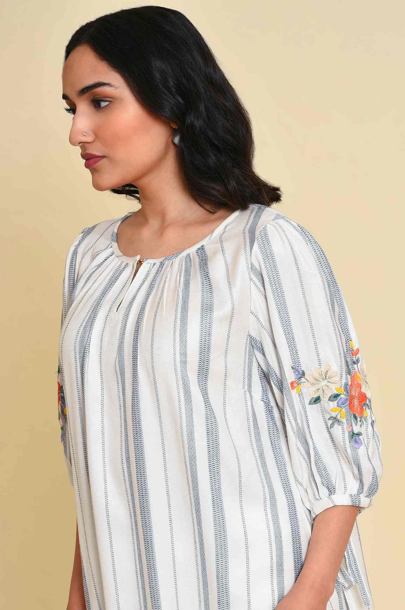 White And Blue Embroidered Top - wforwoman