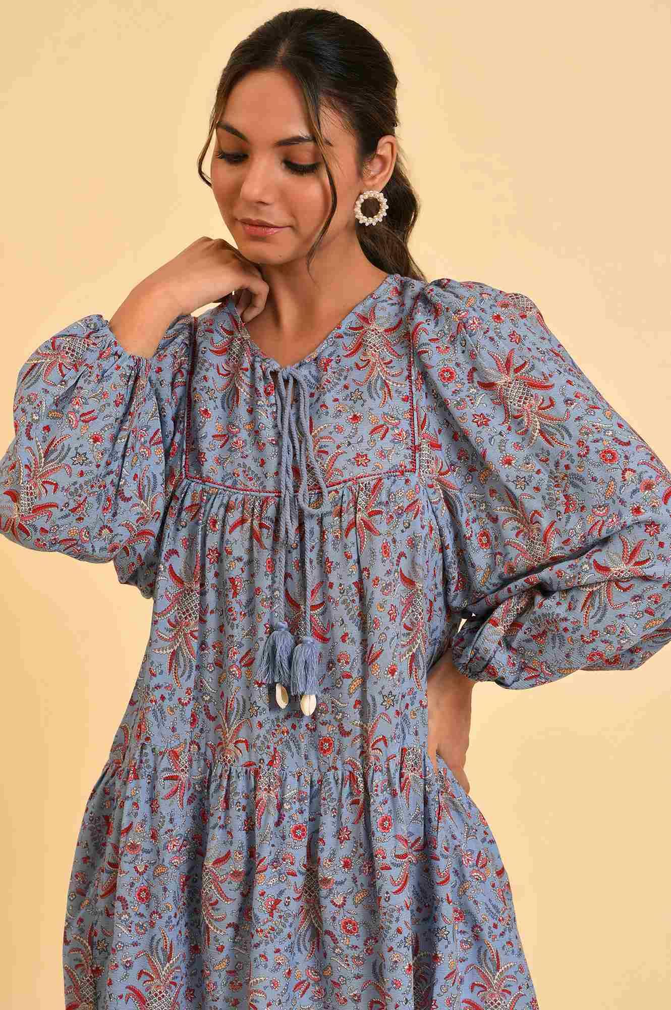 Blue Floral Printed A-Line Top - wforwoman