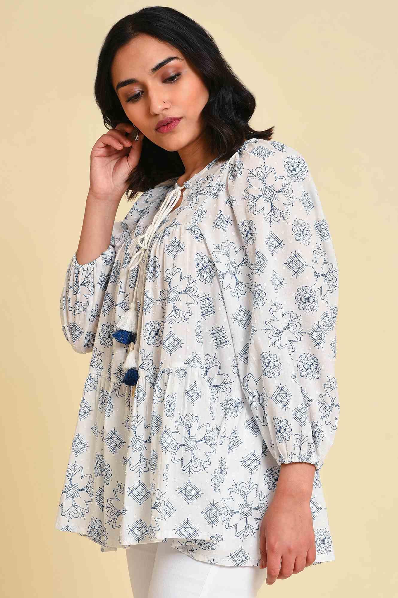 White Geometric Print Gathered Top - wforwoman