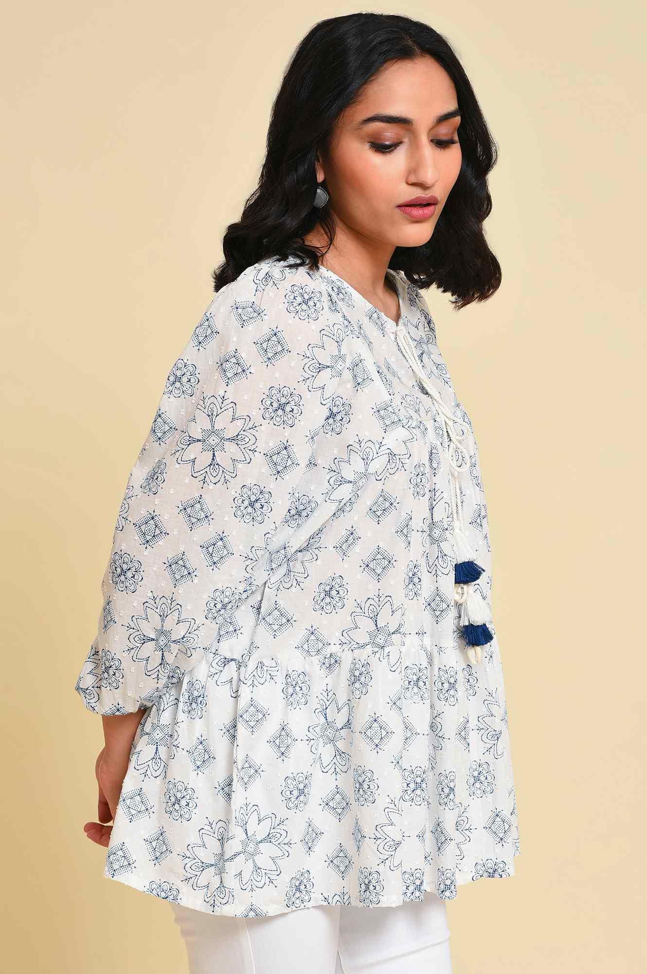 White Geometric Print Gathered Top - wforwoman