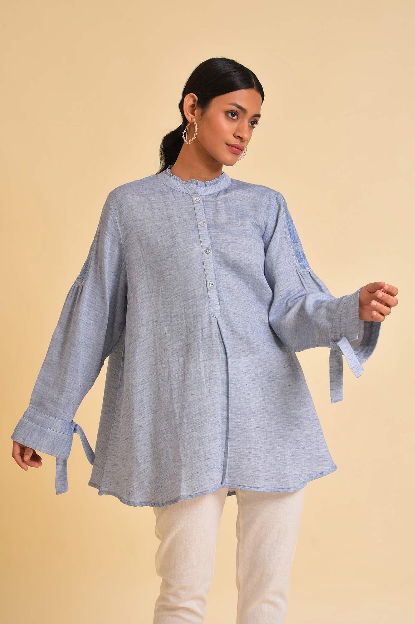 Blue Double Cloth Embroidered Top - wforwoman