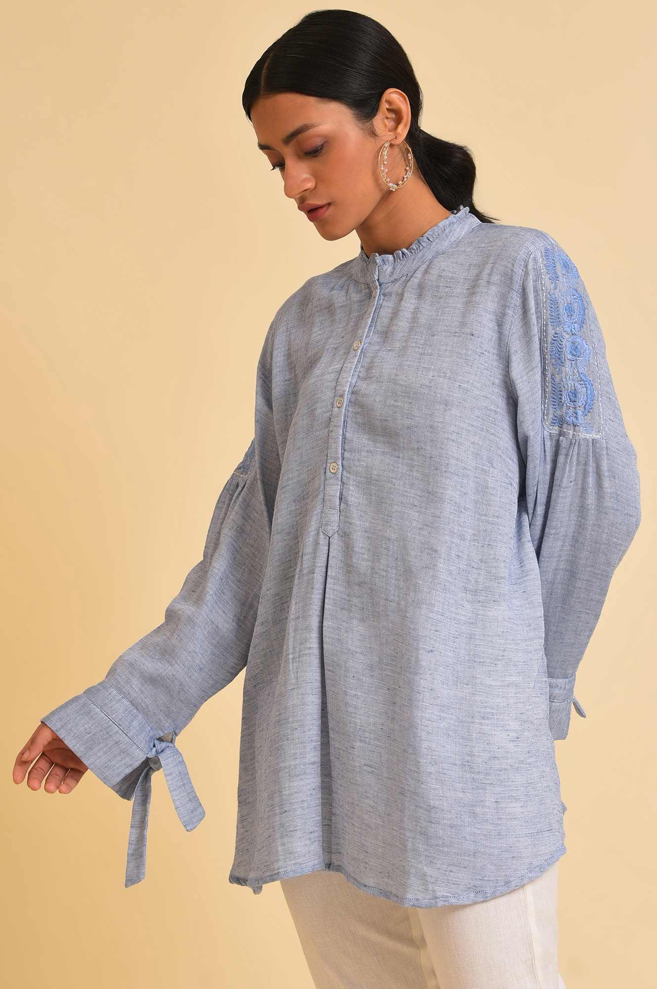 Blue Double Cloth Embroidered Top - wforwoman