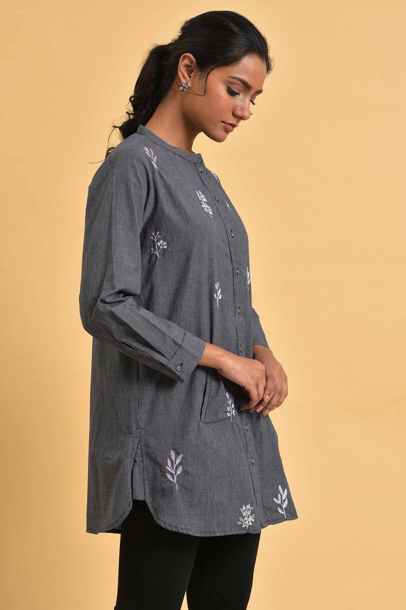 Grey Checker Embroidered Western Tunic - wforwoman