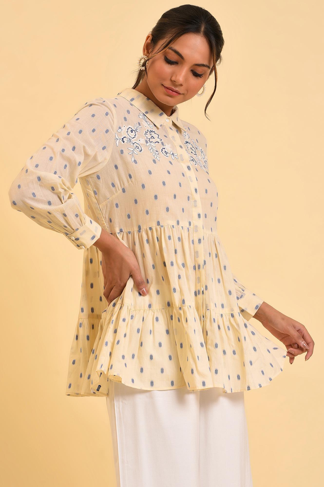 Biege Cotton Textured Top With Embroidery - wforwoman