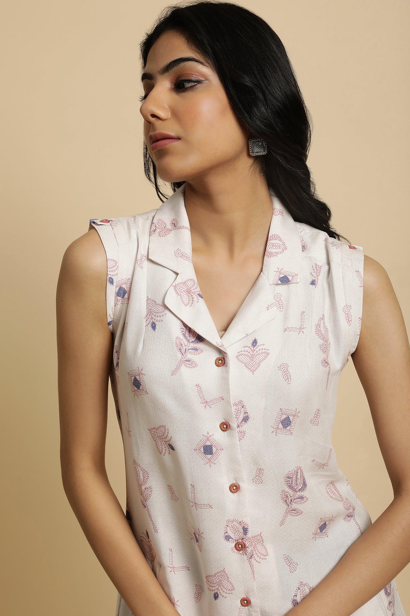 Ecru Lapel Collar Summer Sleeveless Tunic - wforwoman