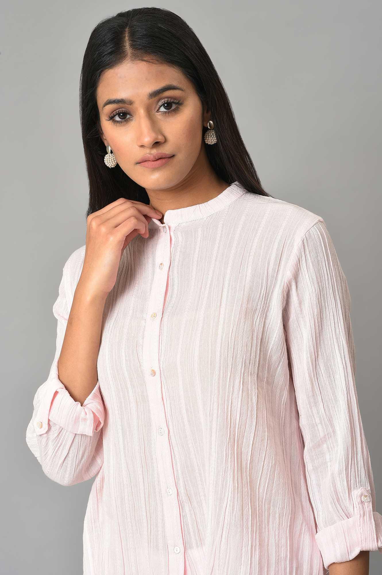 Light Pink Mandarin Collar Top - wforwoman
