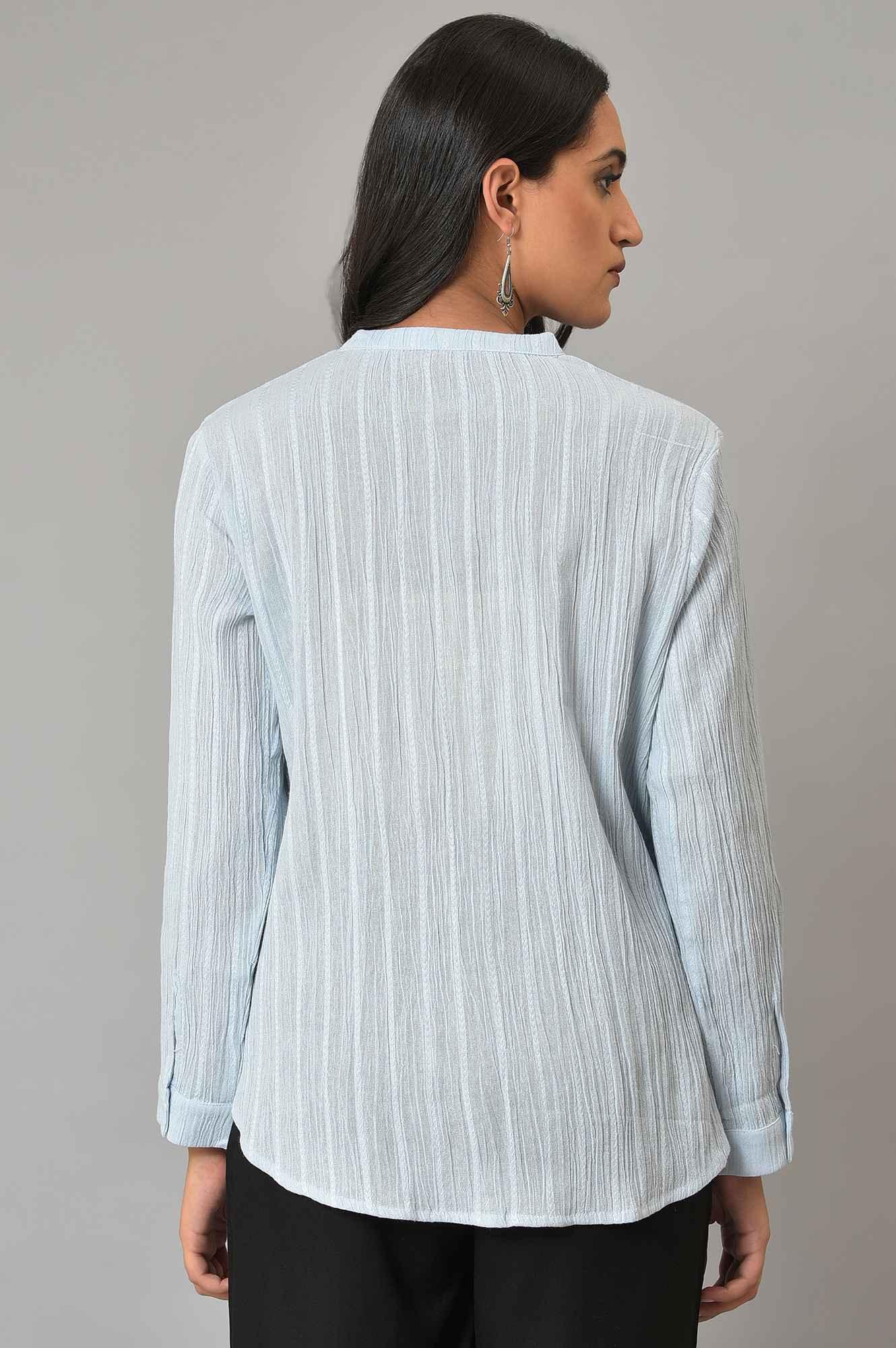 Light Blue Mandarin Collar Top - wforwoman