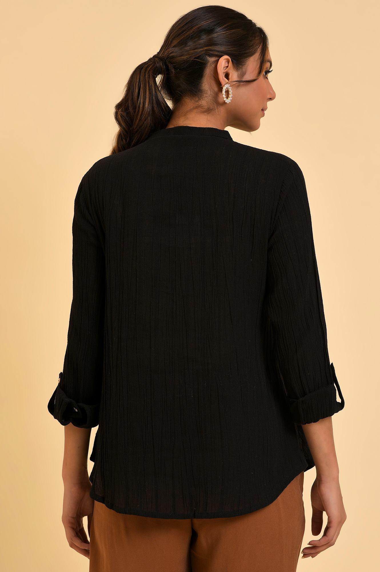 Black Mandarin Collar Top - wforwoman