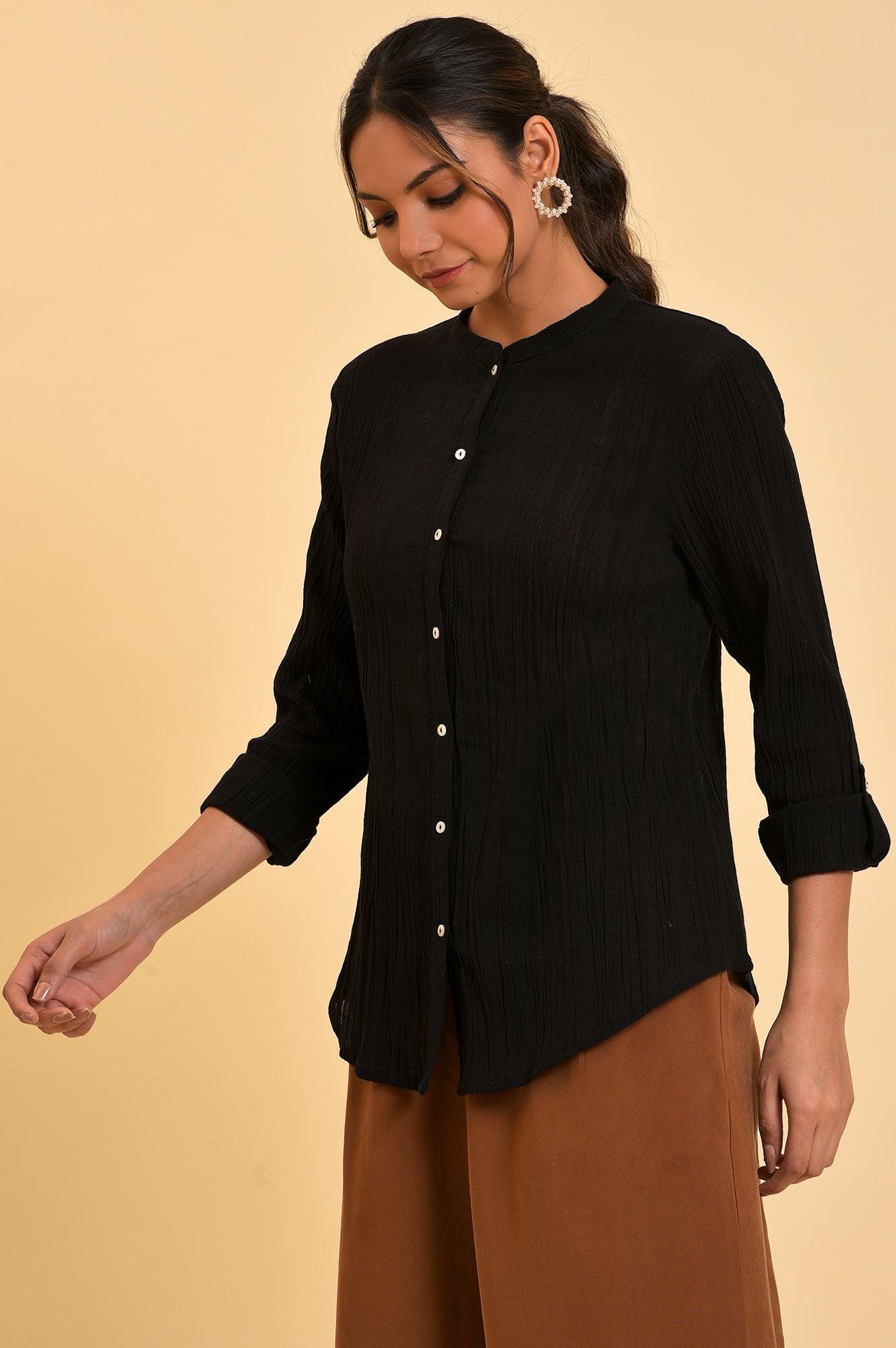 Black Mandarin Collar Top - wforwoman
