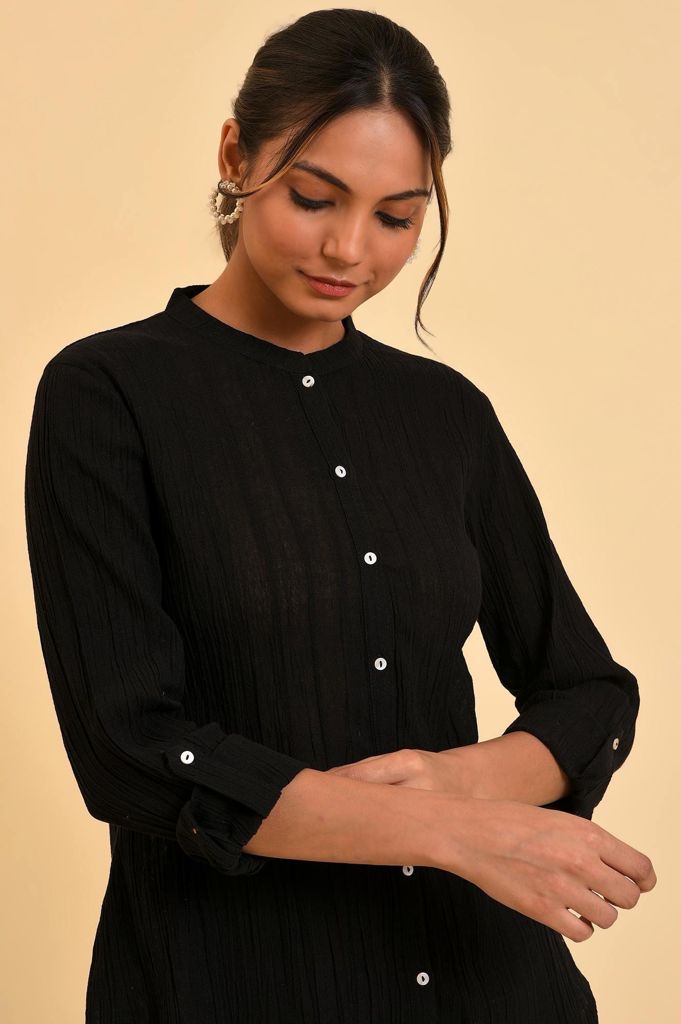 Black Mandarin Collar Top - wforwoman