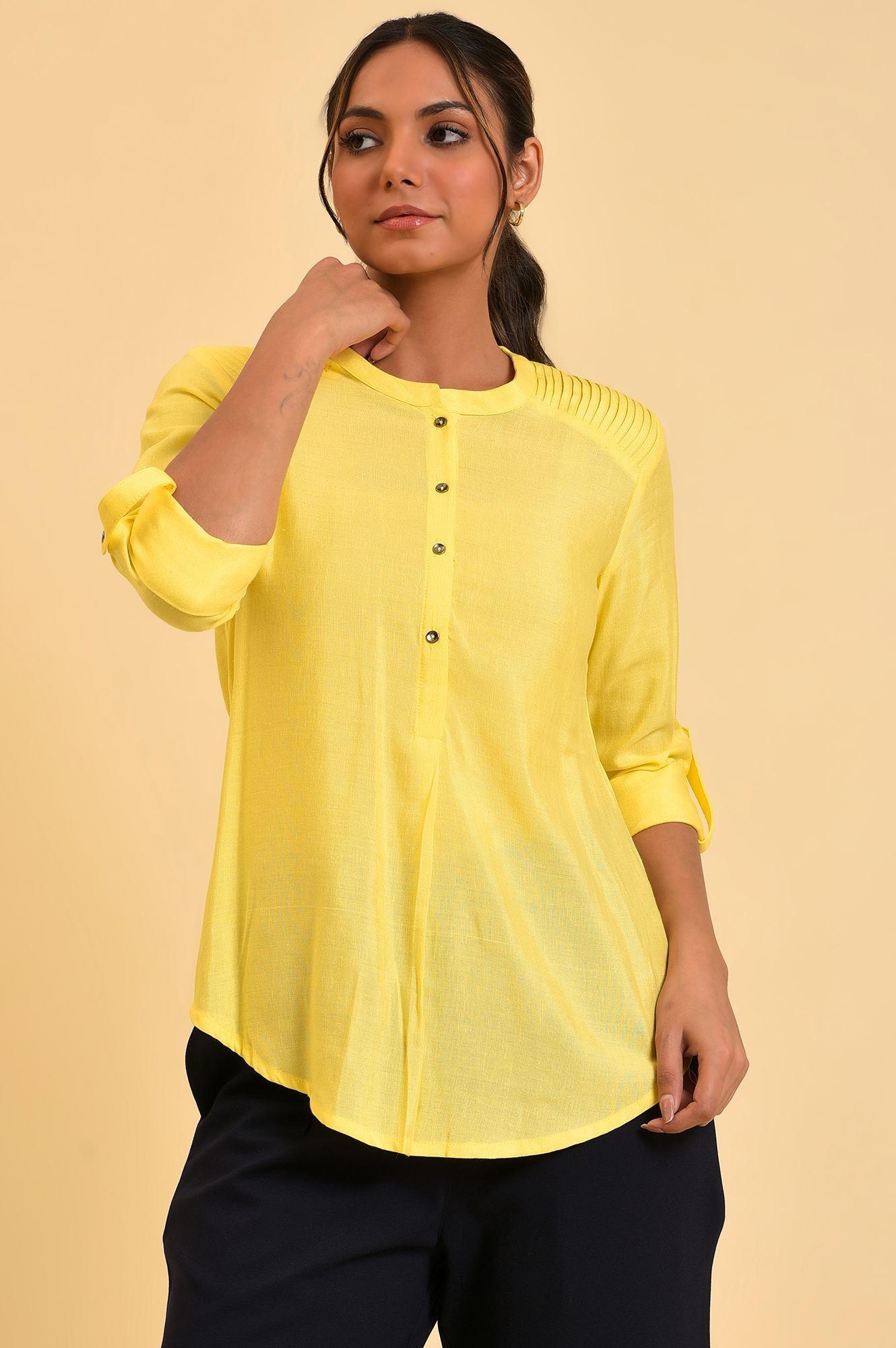 Yellow Blue Cotton Flax Top - wforwoman