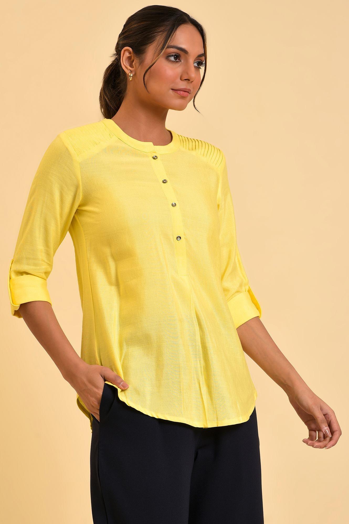 Yellow Blue Cotton Flax Top - wforwoman