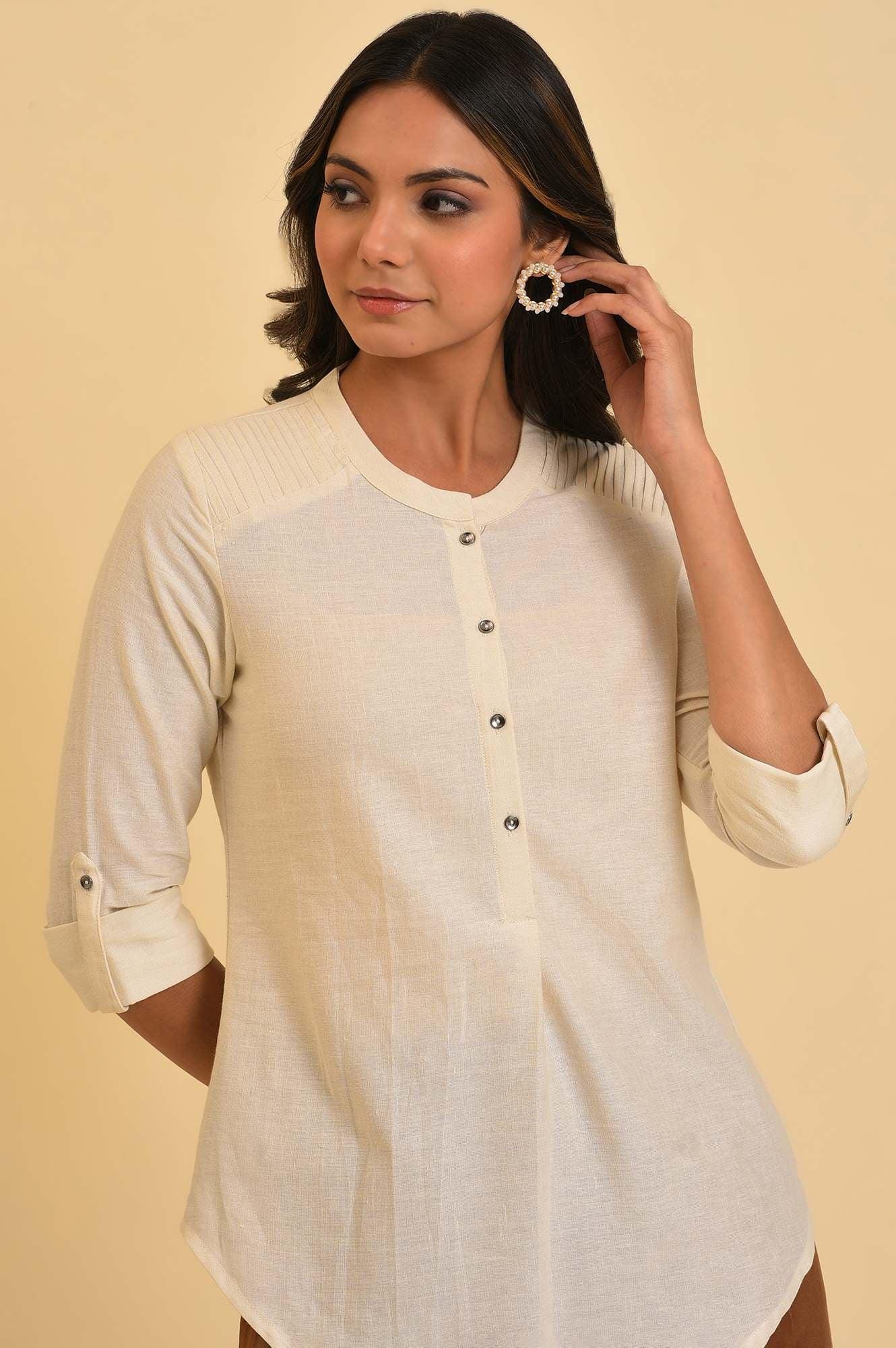 White Blue Cotton Flax Top - wforwoman