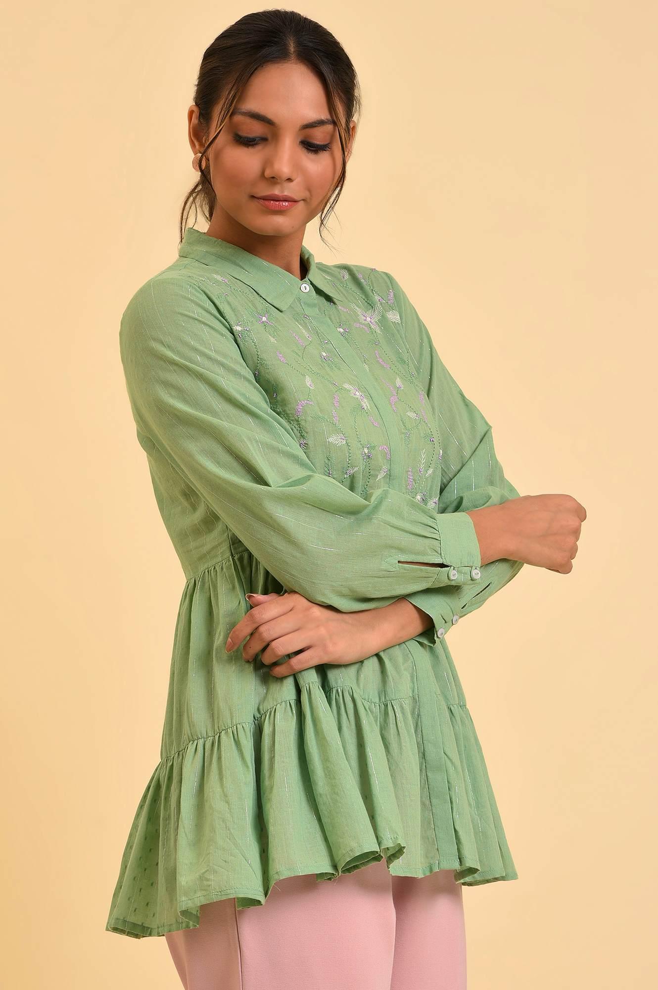 Green Lurex Stripes Embroidered Tiered Top - wforwoman