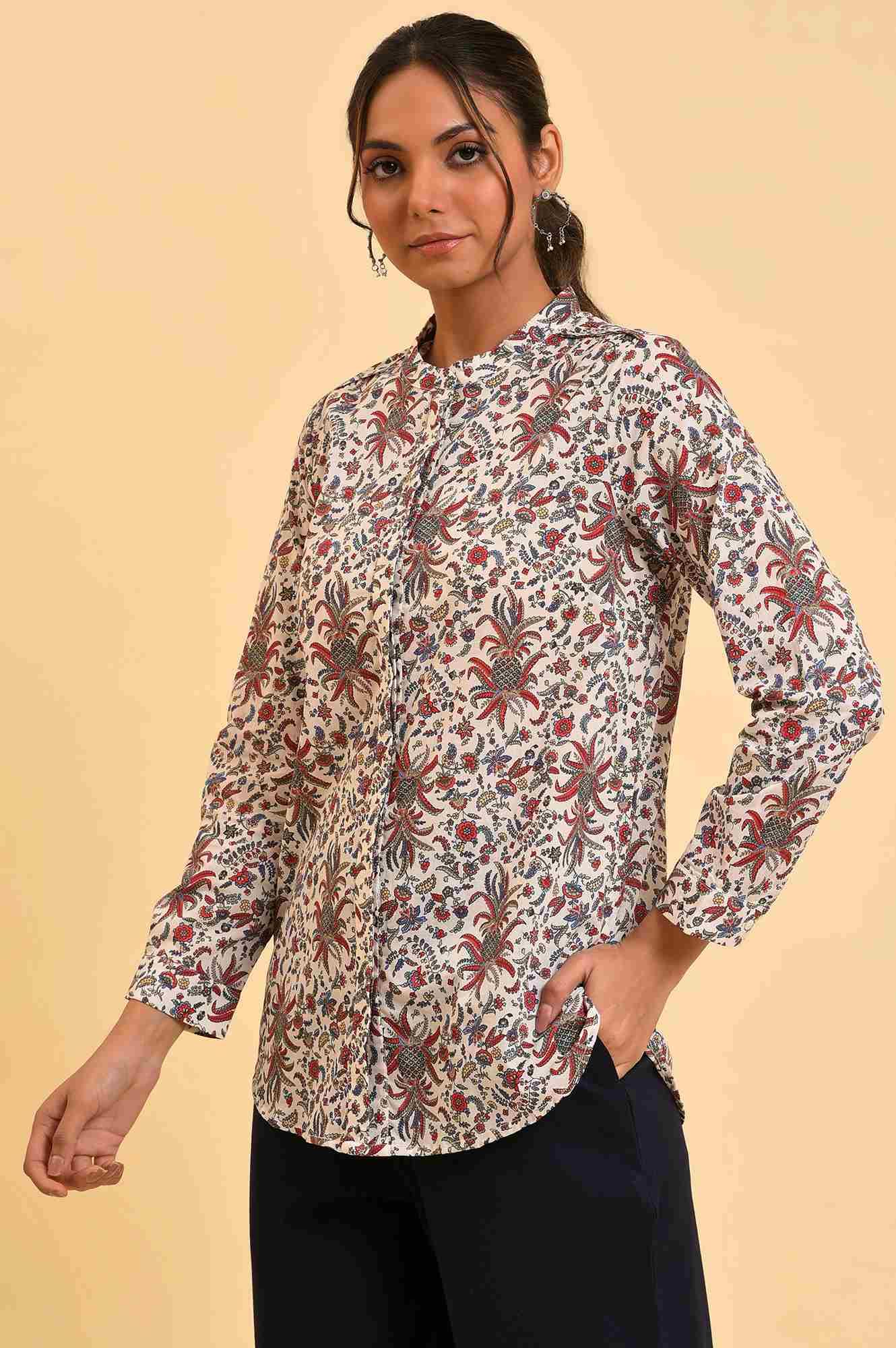 Ecru Floral Printed Top - wforwoman