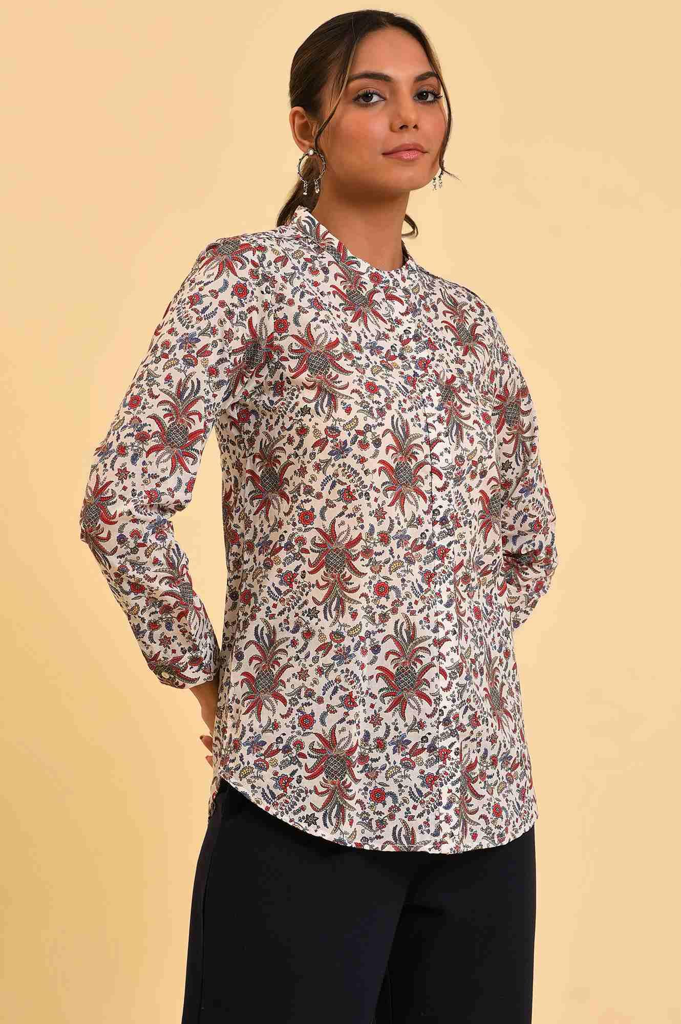 Ecru Floral Printed Top - wforwoman