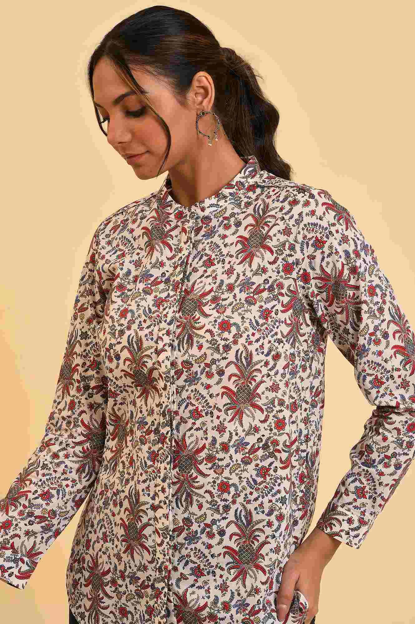 Ecru Floral Printed Top - wforwoman