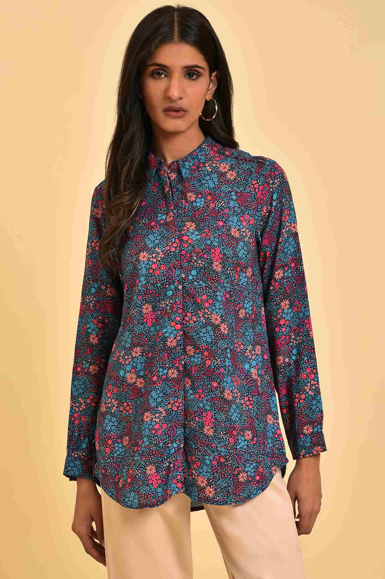Blue Floral Printed Women Shirt - wforwoman