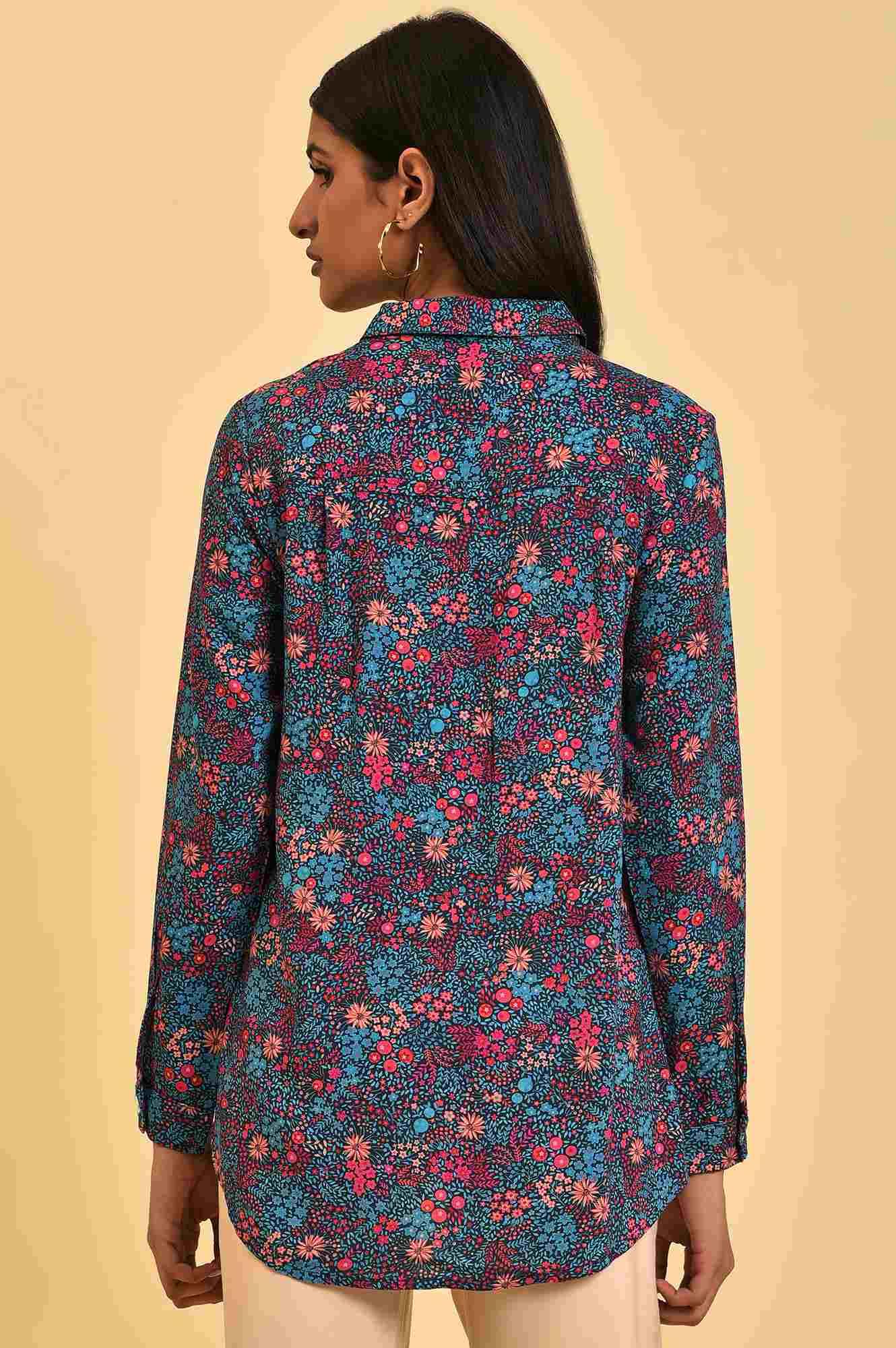 Blue Floral Printed Women Shirt - wforwoman