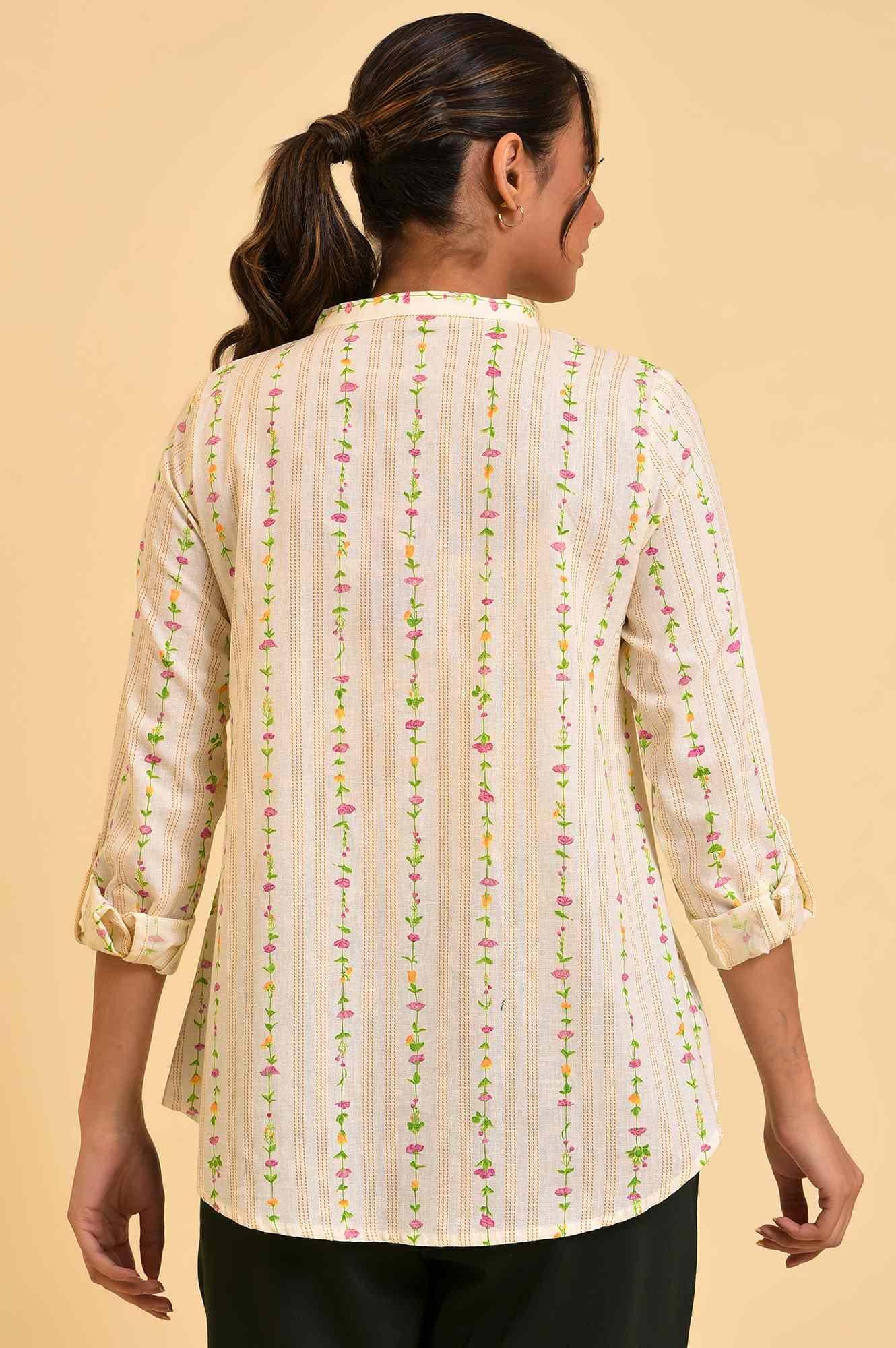 Ecru Button Down Floral Printed Top - wforwoman