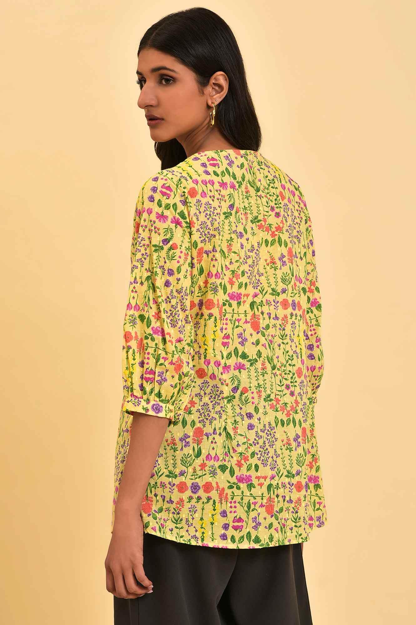 Yellow Floral Printed Top With Thread Embroidery - wforwoman