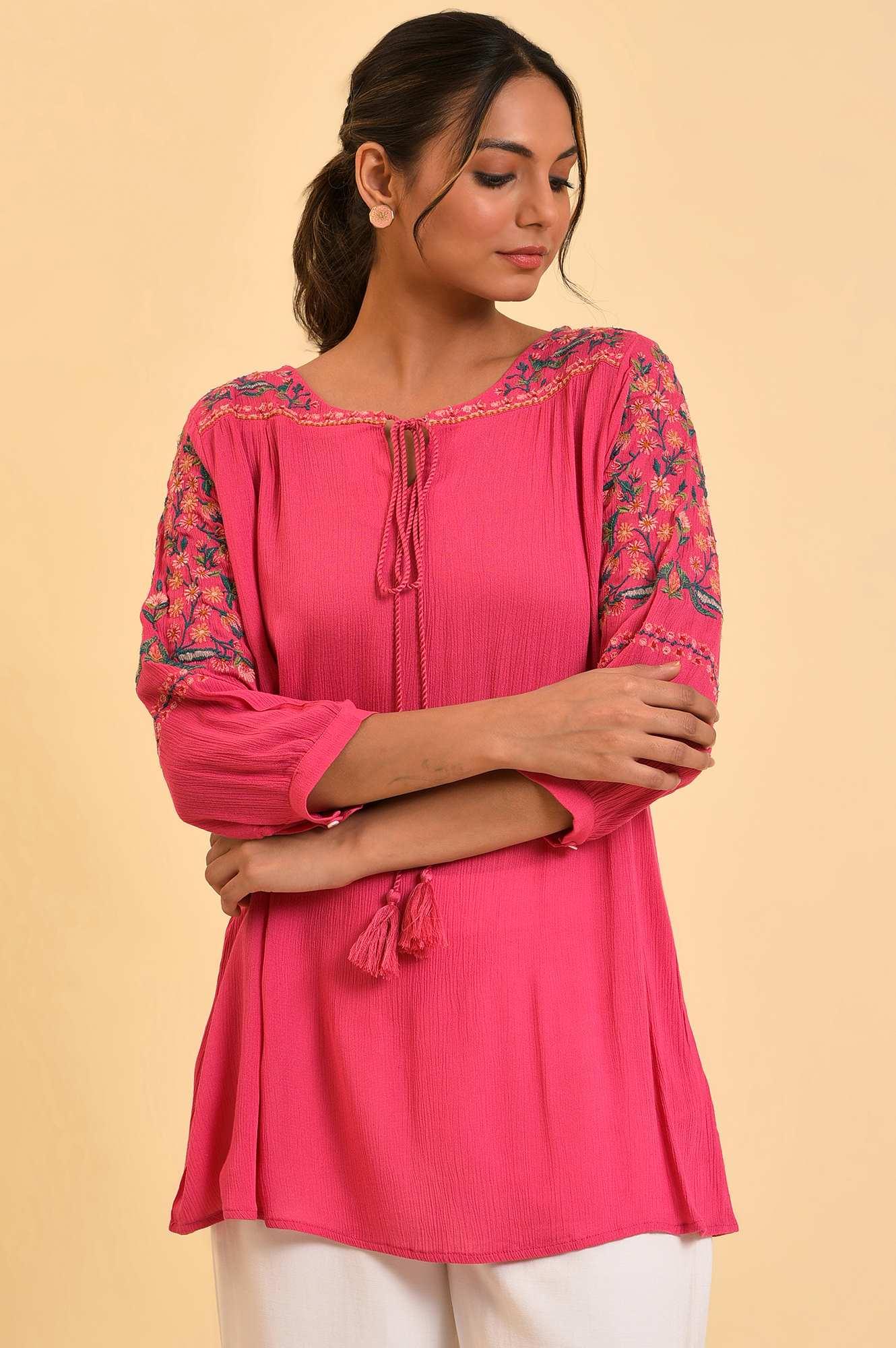 Pink Embroidered Flared Top - wforwoman