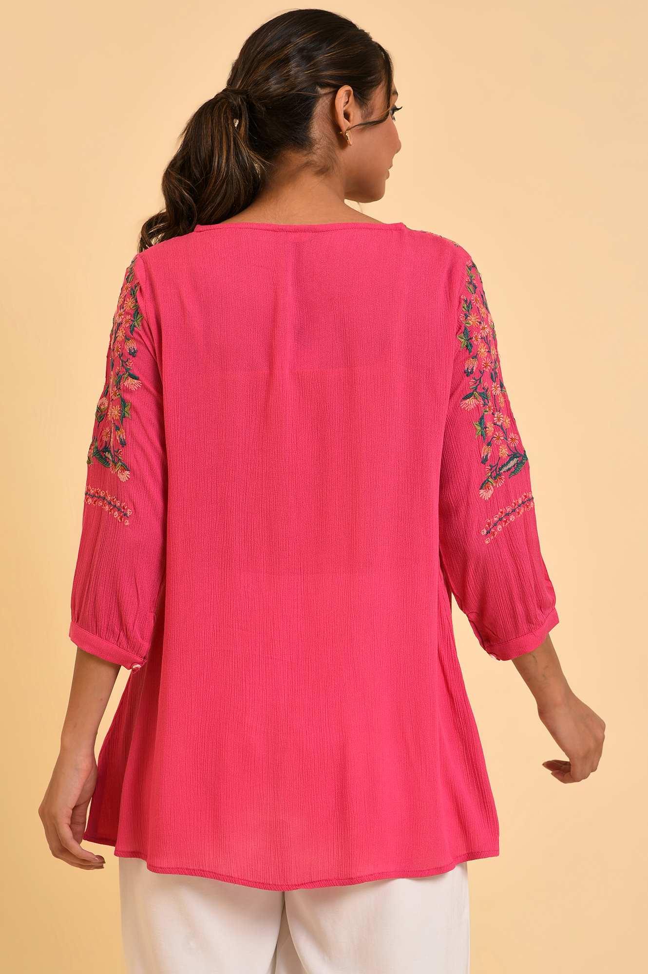 Pink Embroidered Flared Top - wforwoman