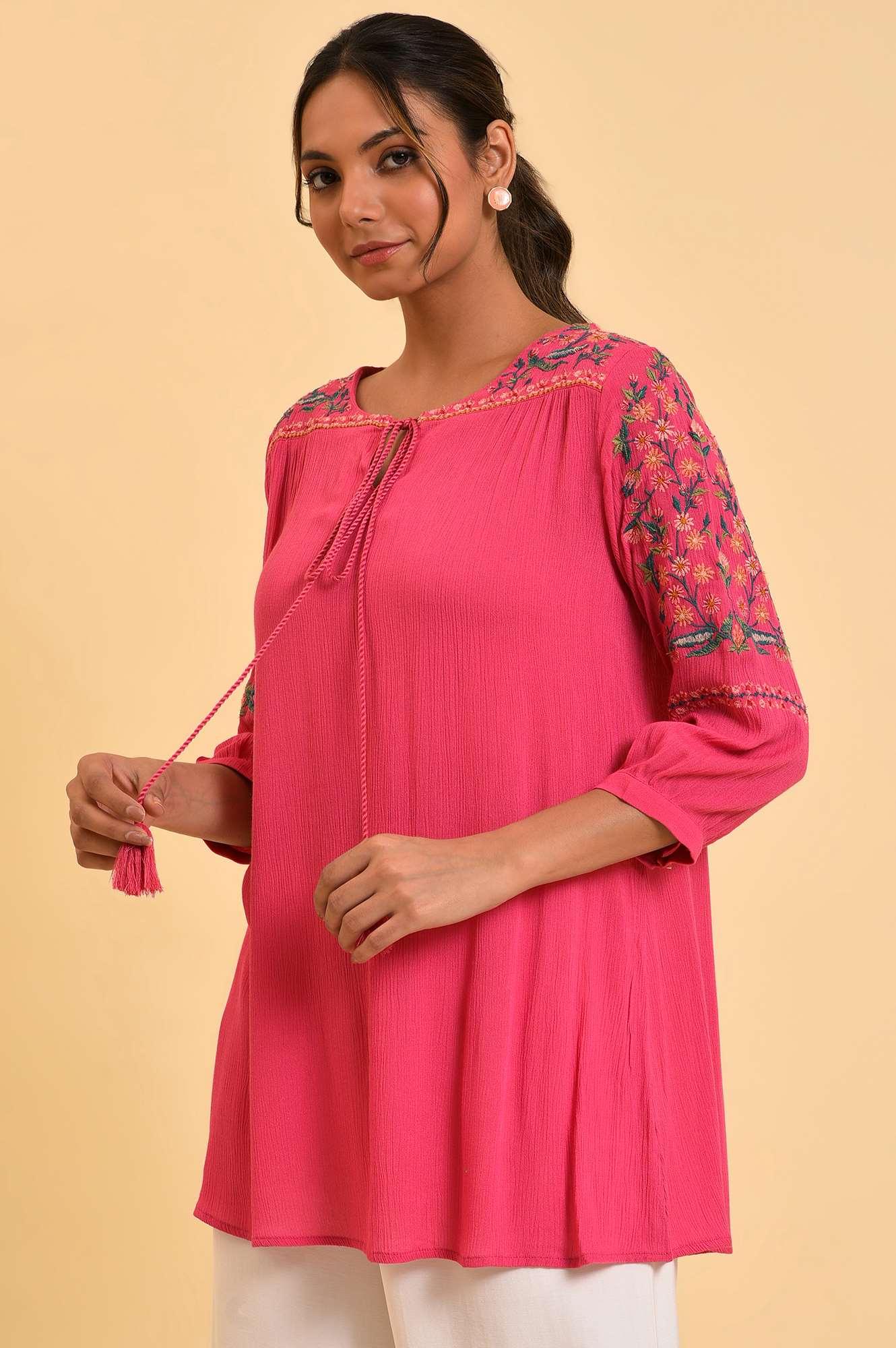 Pink Embroidered Flared Top - wforwoman