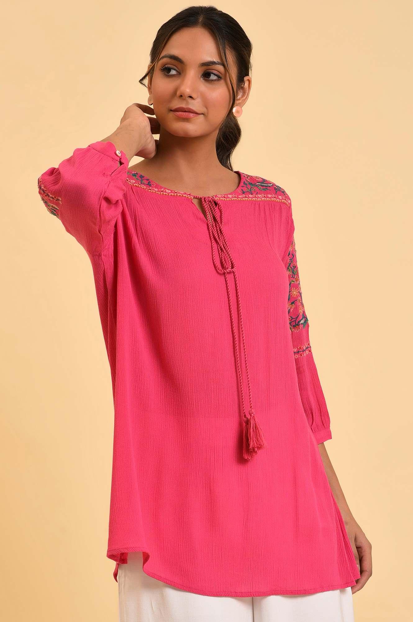 Pink Embroidered Flared Top - wforwoman