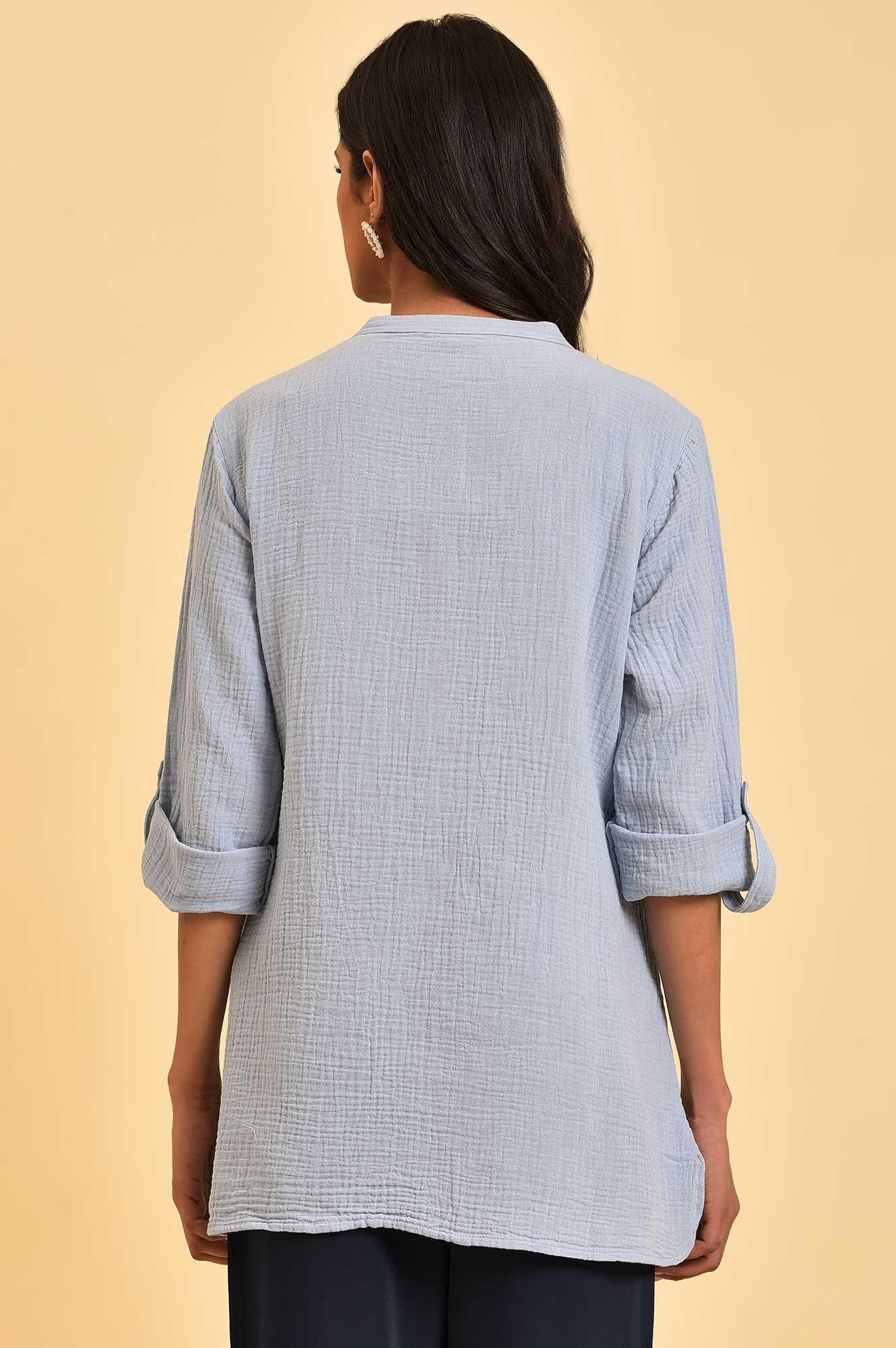 Blue Solid Cotton Casual Top - wforwoman