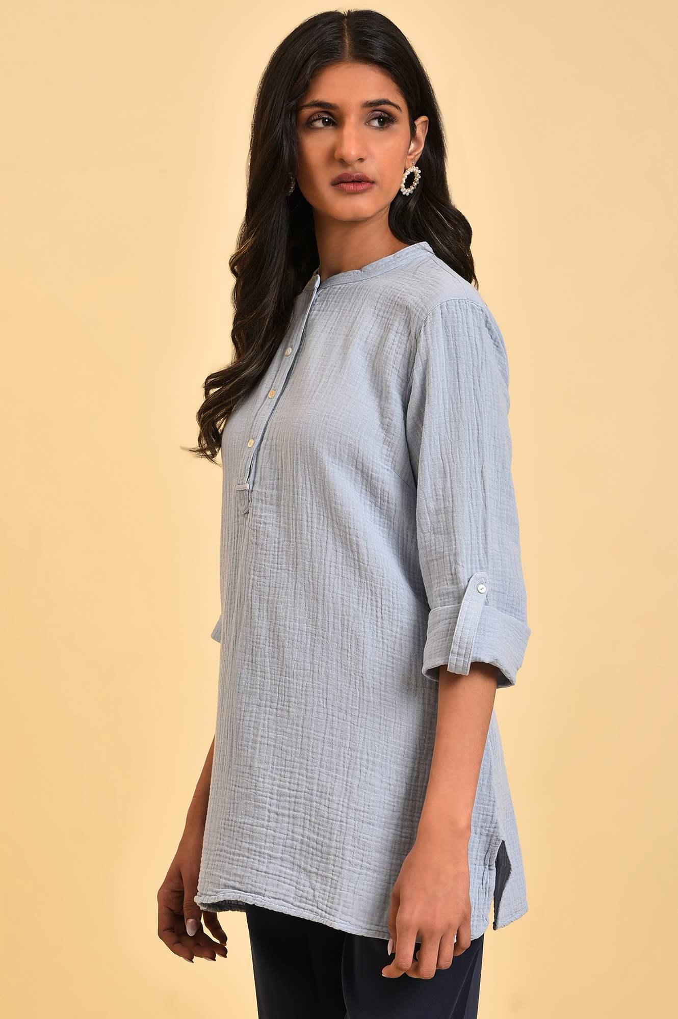 Blue Solid Cotton Casual Top - wforwoman