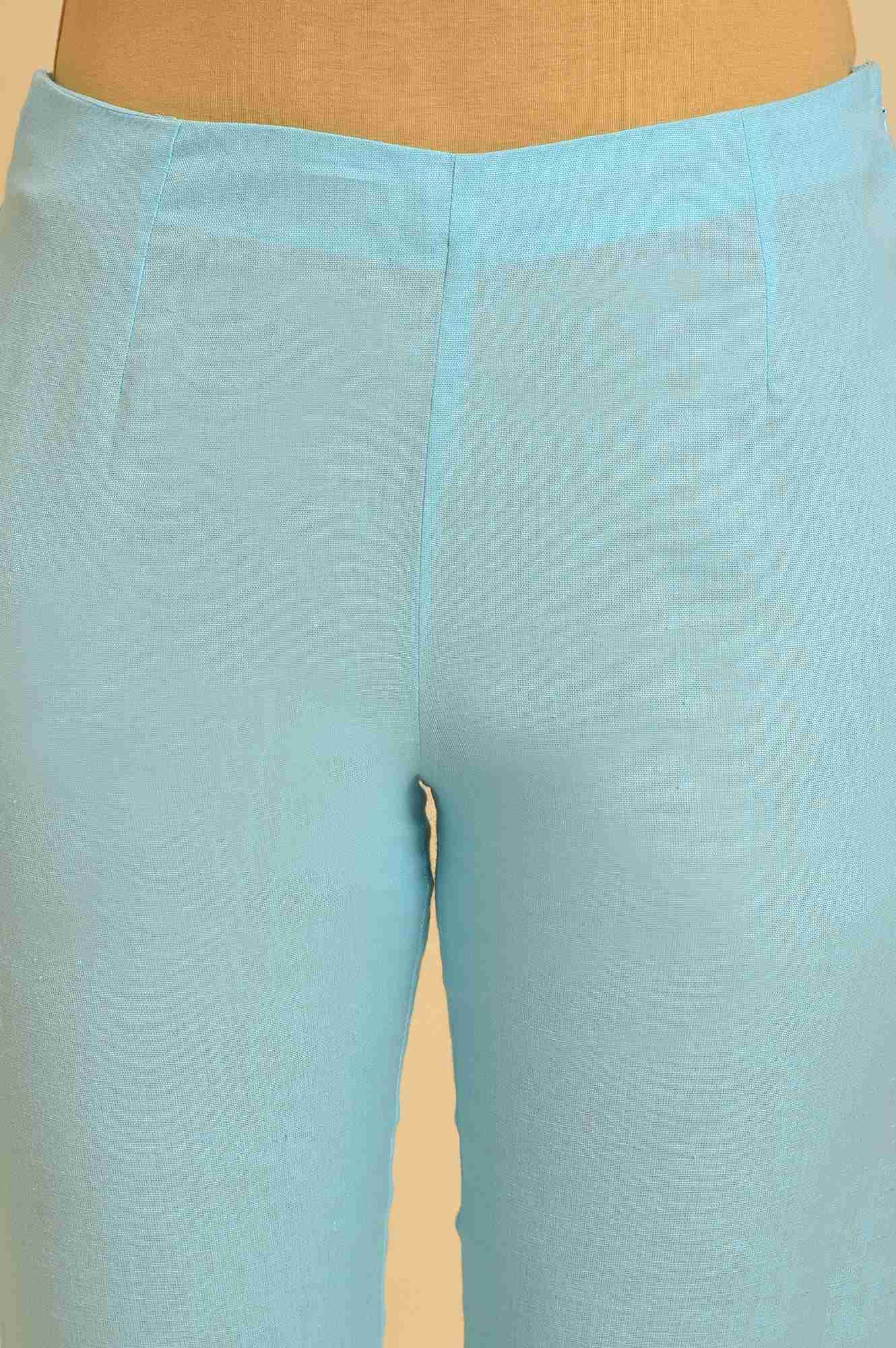 Blue Solid Thread Work Rayon Flax Straight Kurta and Slim Pant Set