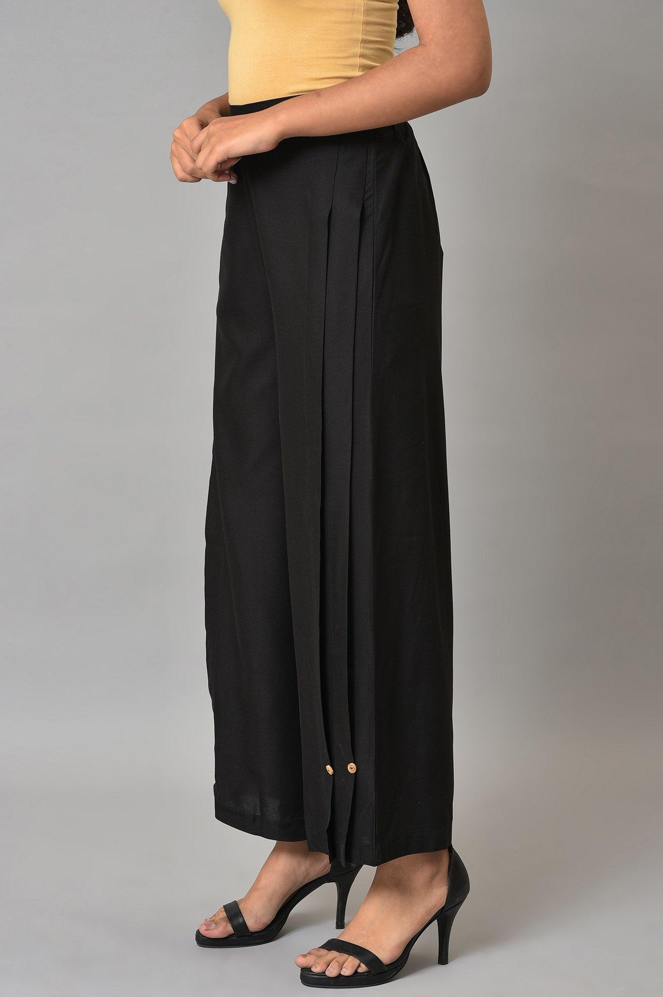 Black Side Pleated Parallel Pants - wforwoman