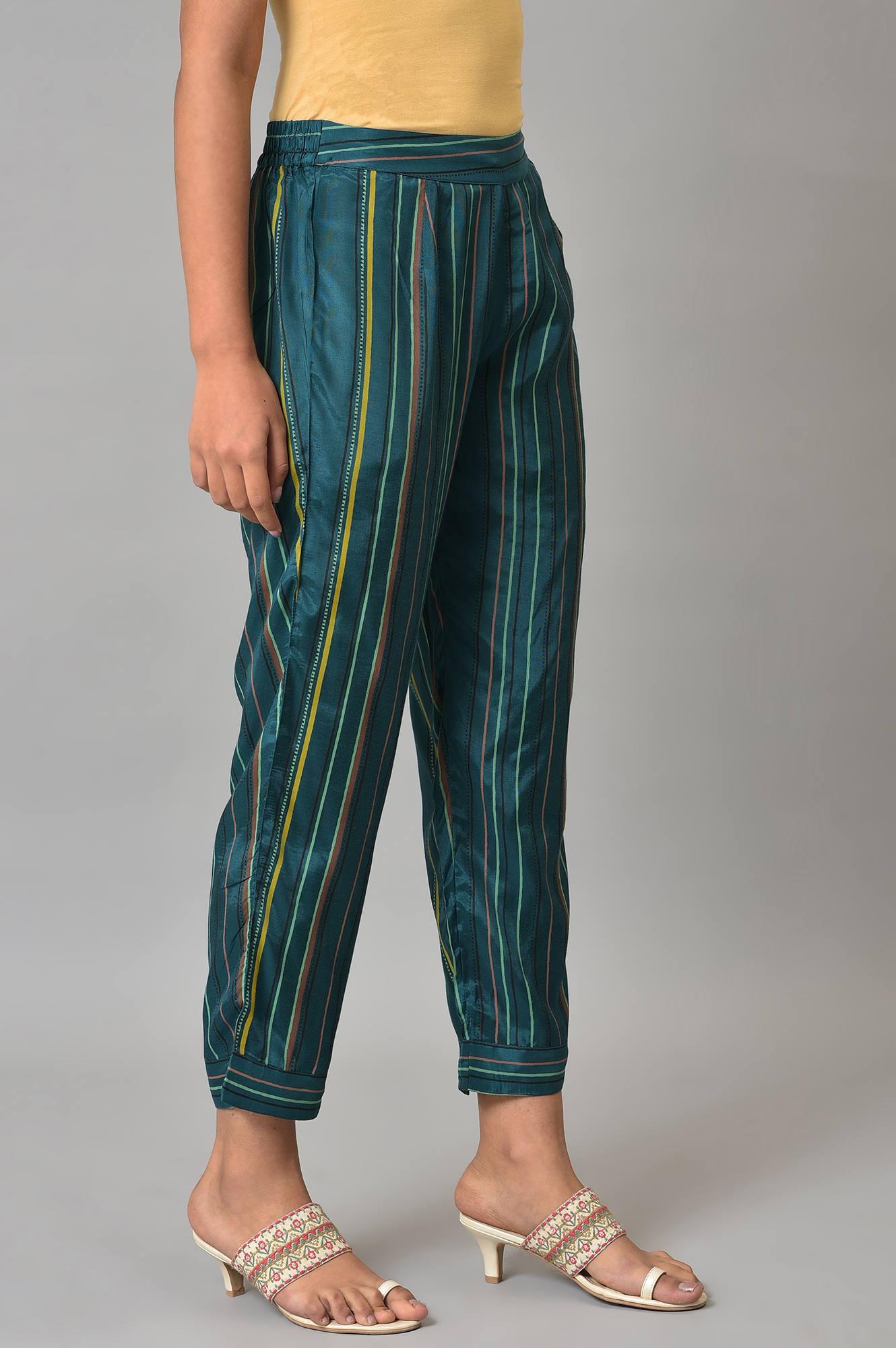 Teal Multi-Coloured Stripe Print Pants - wforwoman