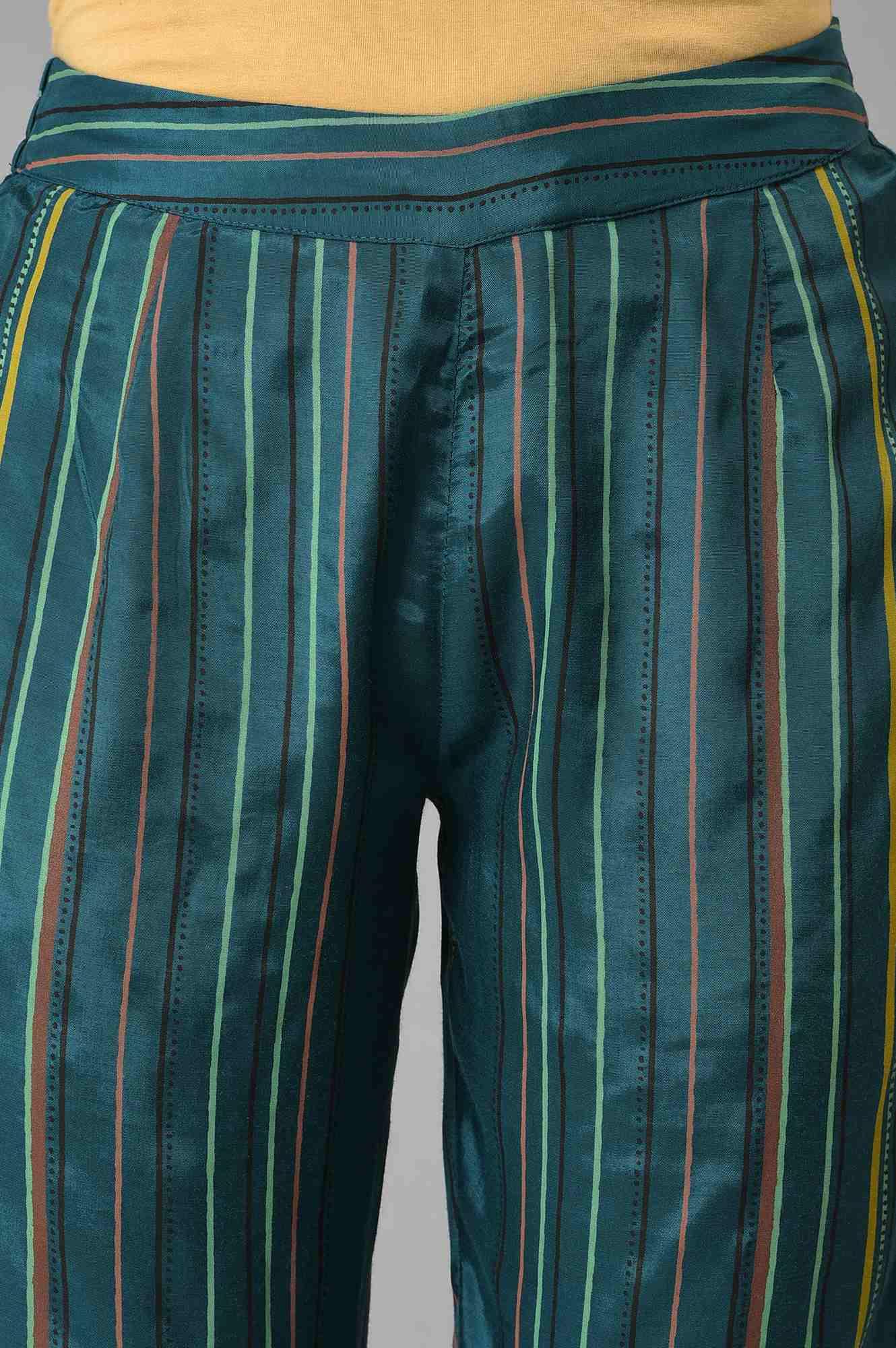 Teal Multi-Coloured Stripe Print Pants - wforwoman